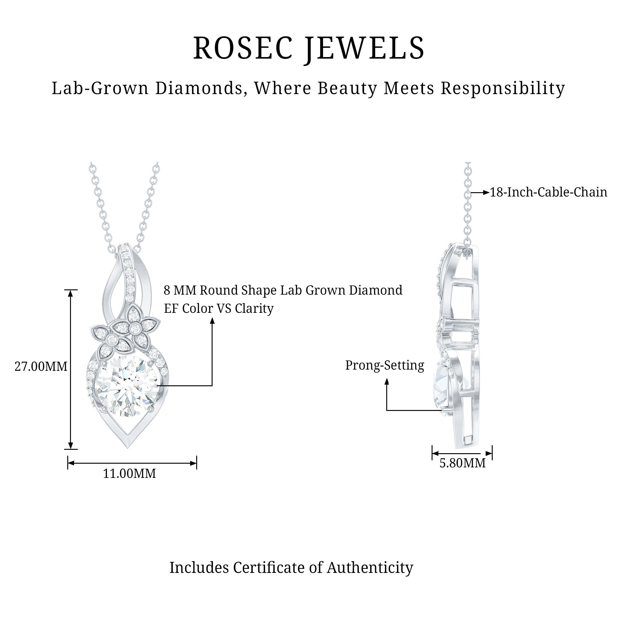 Lab Grown Diamond Flower Statement Necklace Lab - ( EF-VS ) - Rosec Jewels