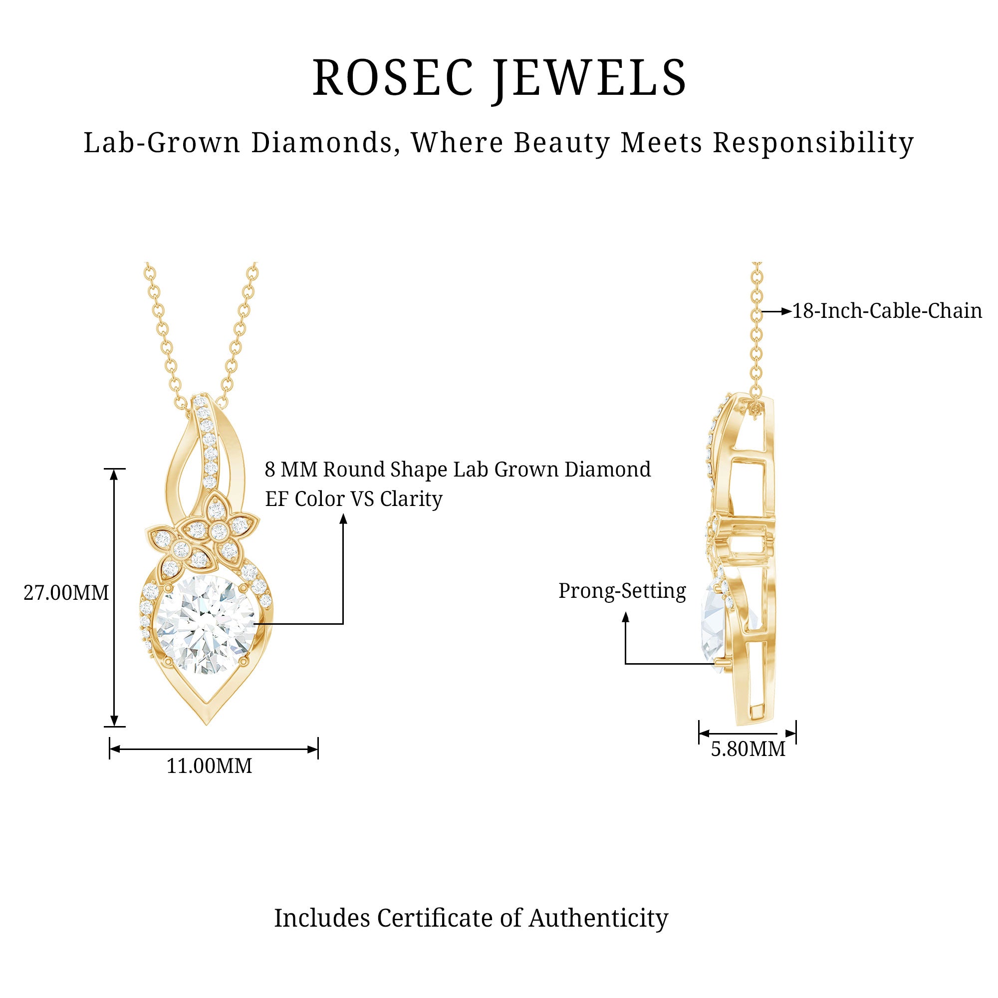 Lab Grown Diamond Flower Statement Necklace Lab - ( EF-VS ) - Rosec Jewels