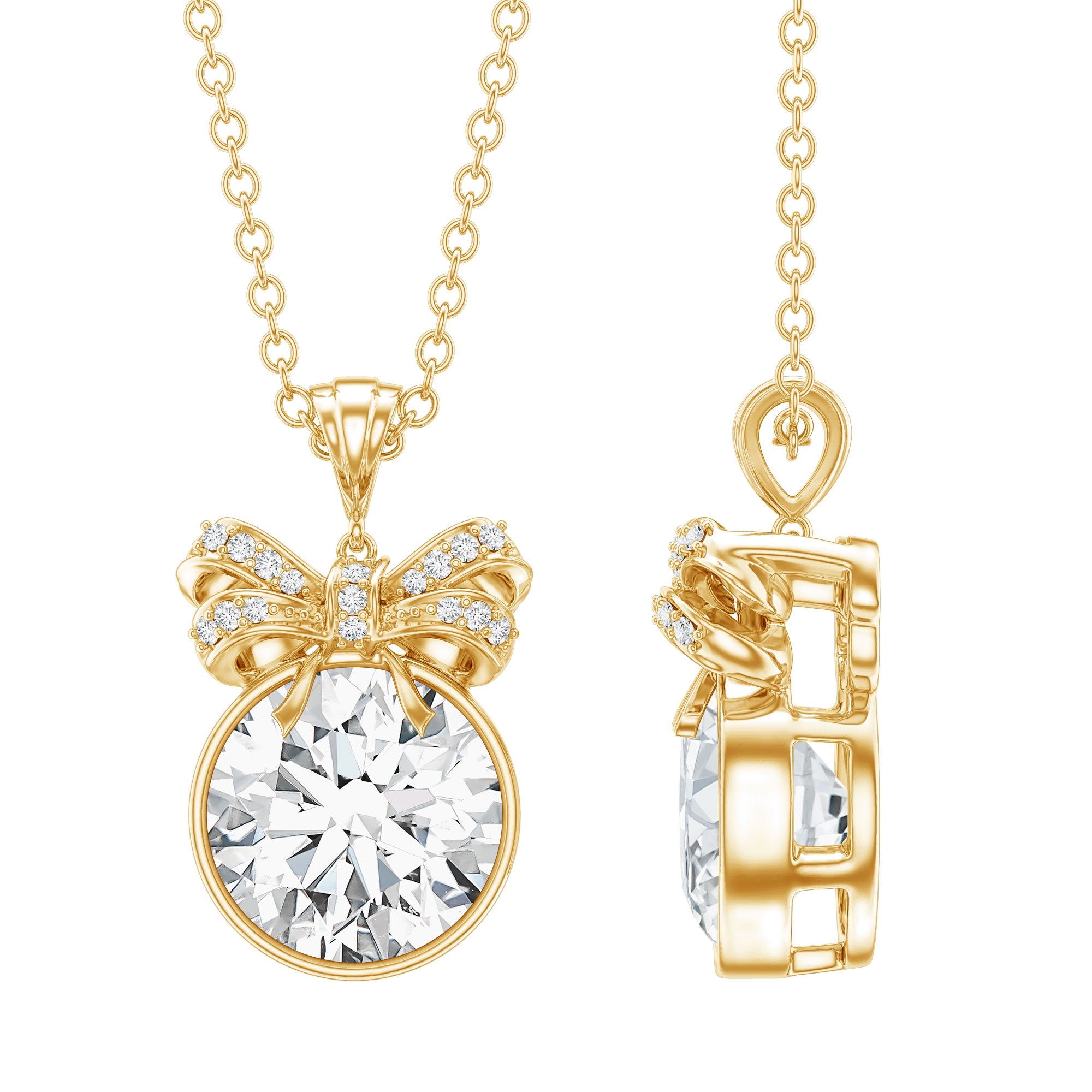 Bezel Set Lab Grown Diamond Solitaire Necklace With Cute Bow Lab - ( EF-VS ) - Rosec Jewels