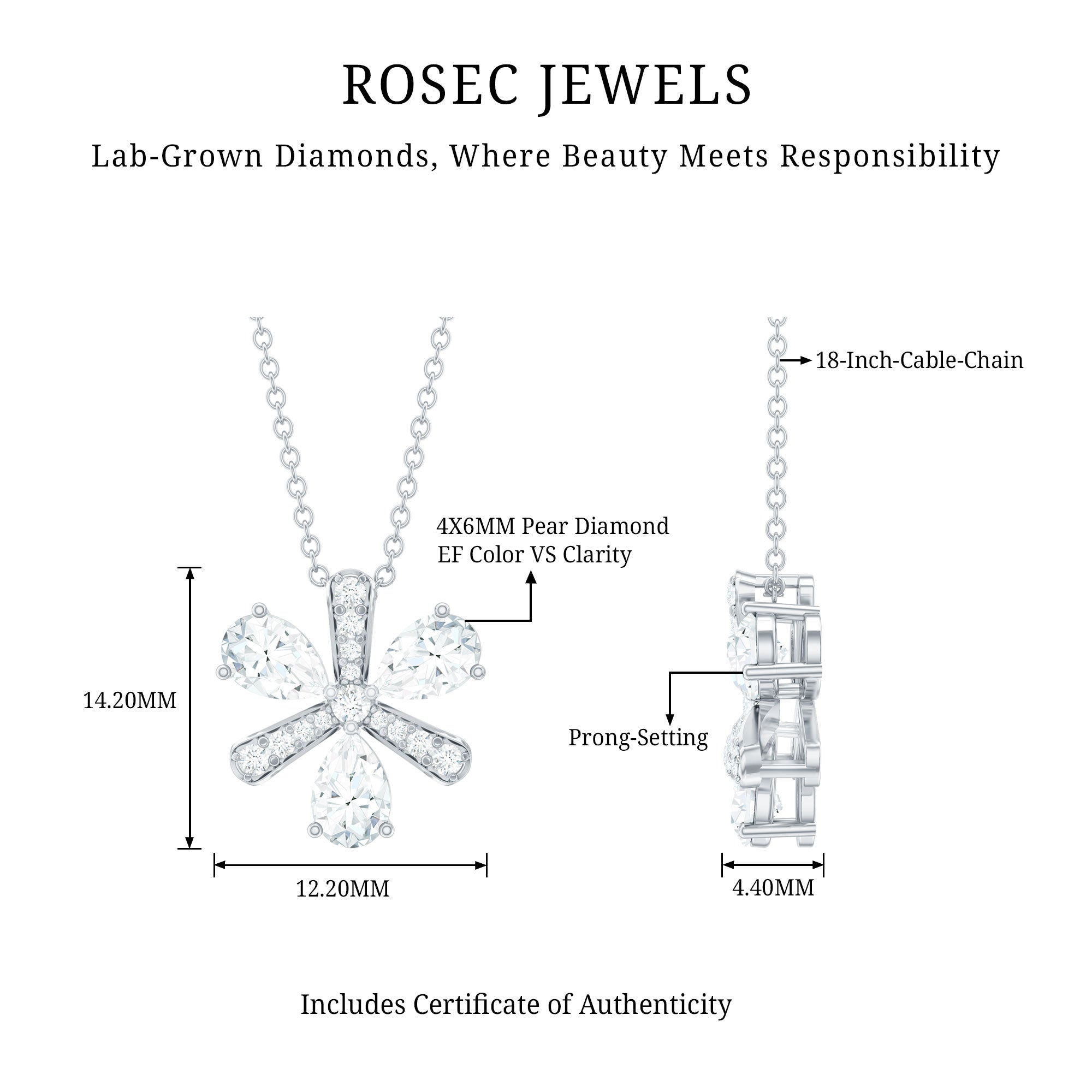 Certified Pear Shape Lab Grown Diamond Flower Pendant Necklace Lab - ( EF-VS ) - Rosec Jewels