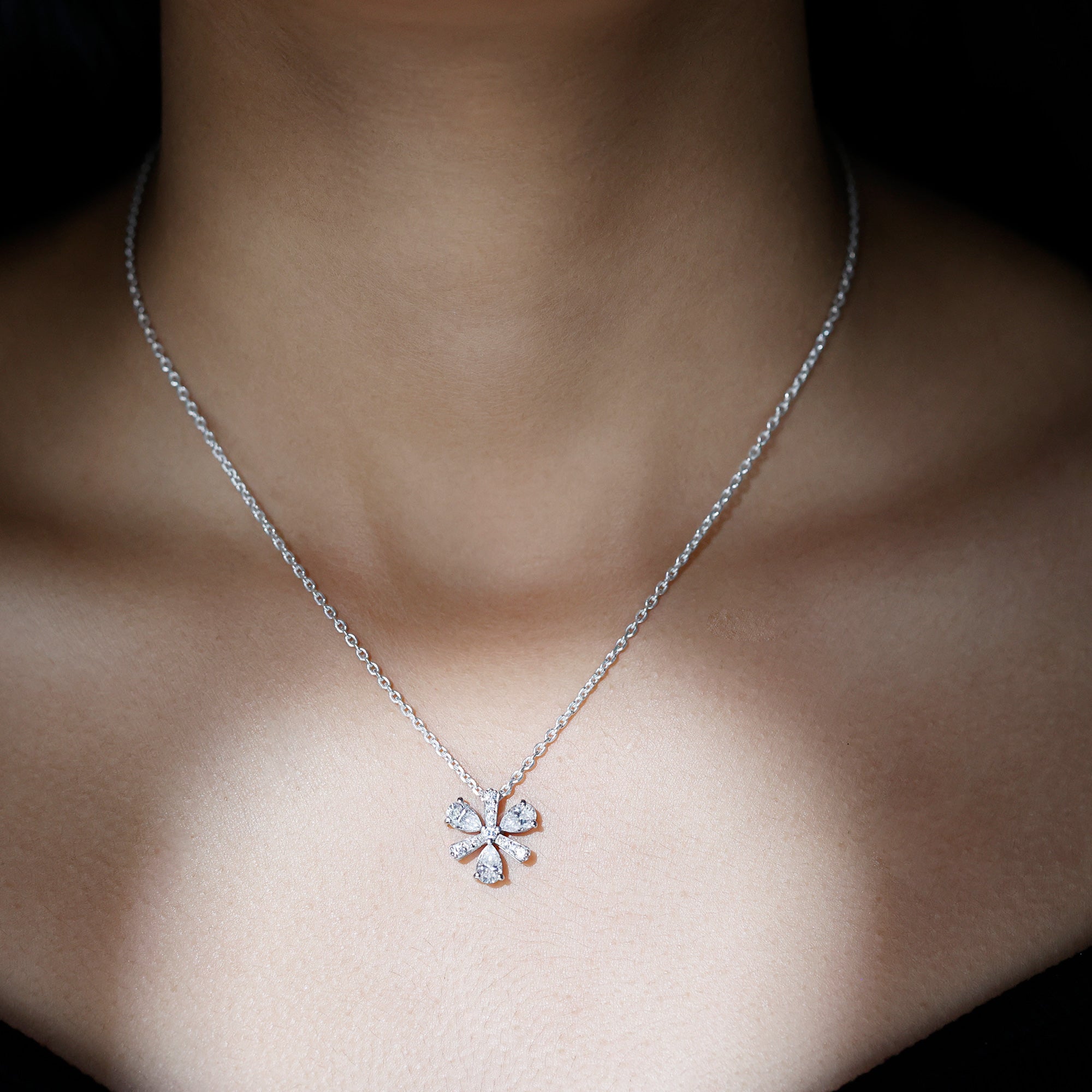 Certified Pear Shape Lab Grown Diamond Flower Pendant Necklace Lab - ( EF-VS ) - Rosec Jewels