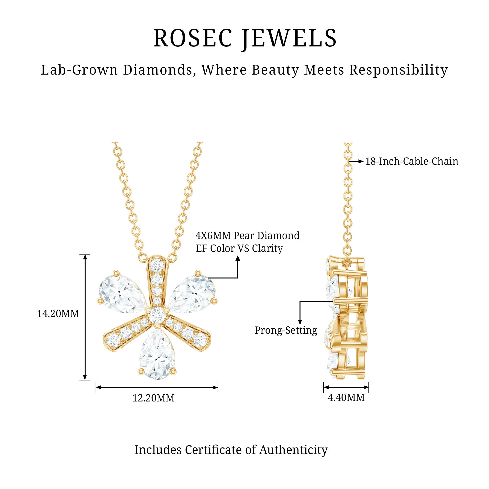 Certified Pear Shape Lab Grown Diamond Flower Pendant Necklace Lab - ( EF-VS ) - Rosec Jewels