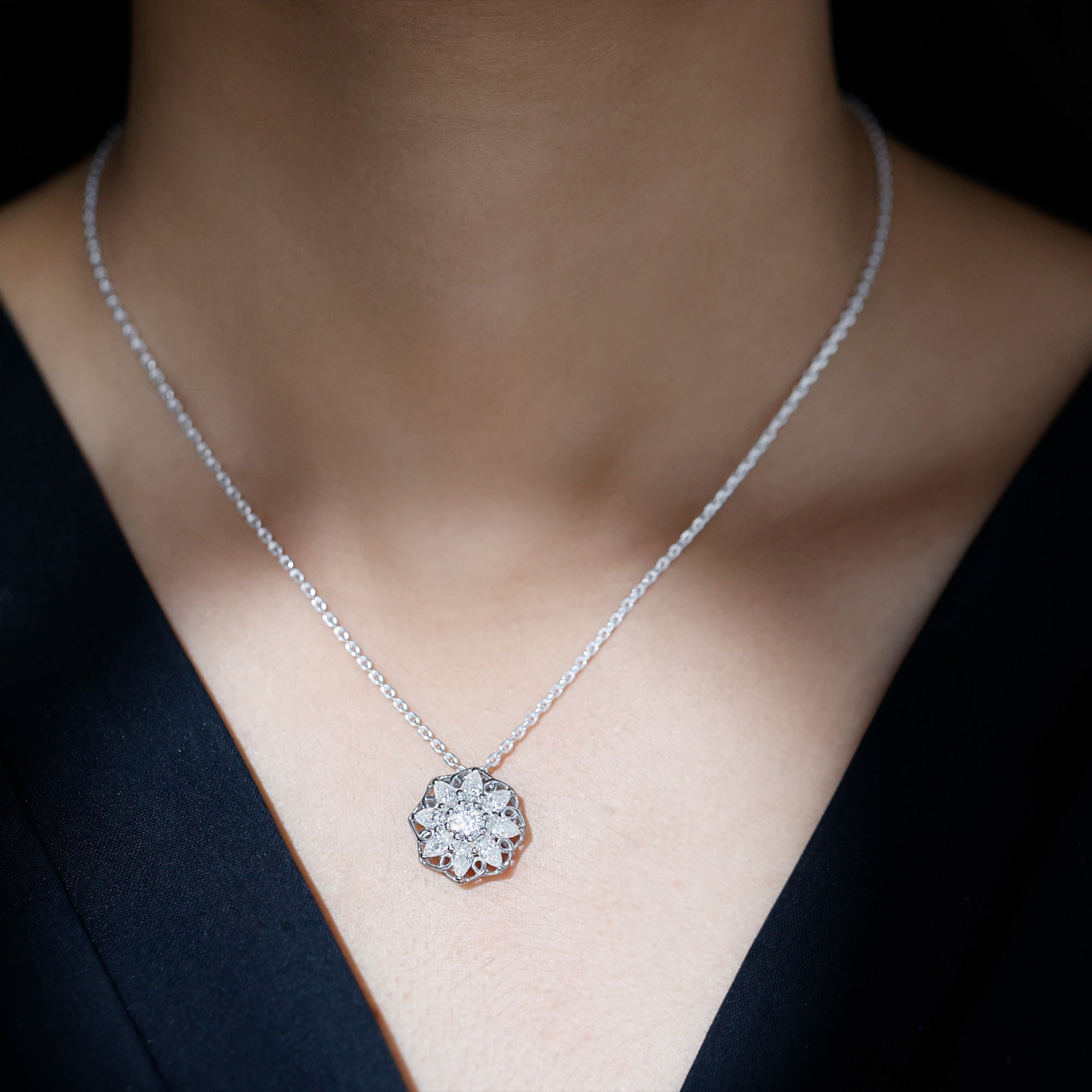 Lab Grown Diamond Statement Flower Necklace Lab - ( EF-VS ) - Rosec Jewels