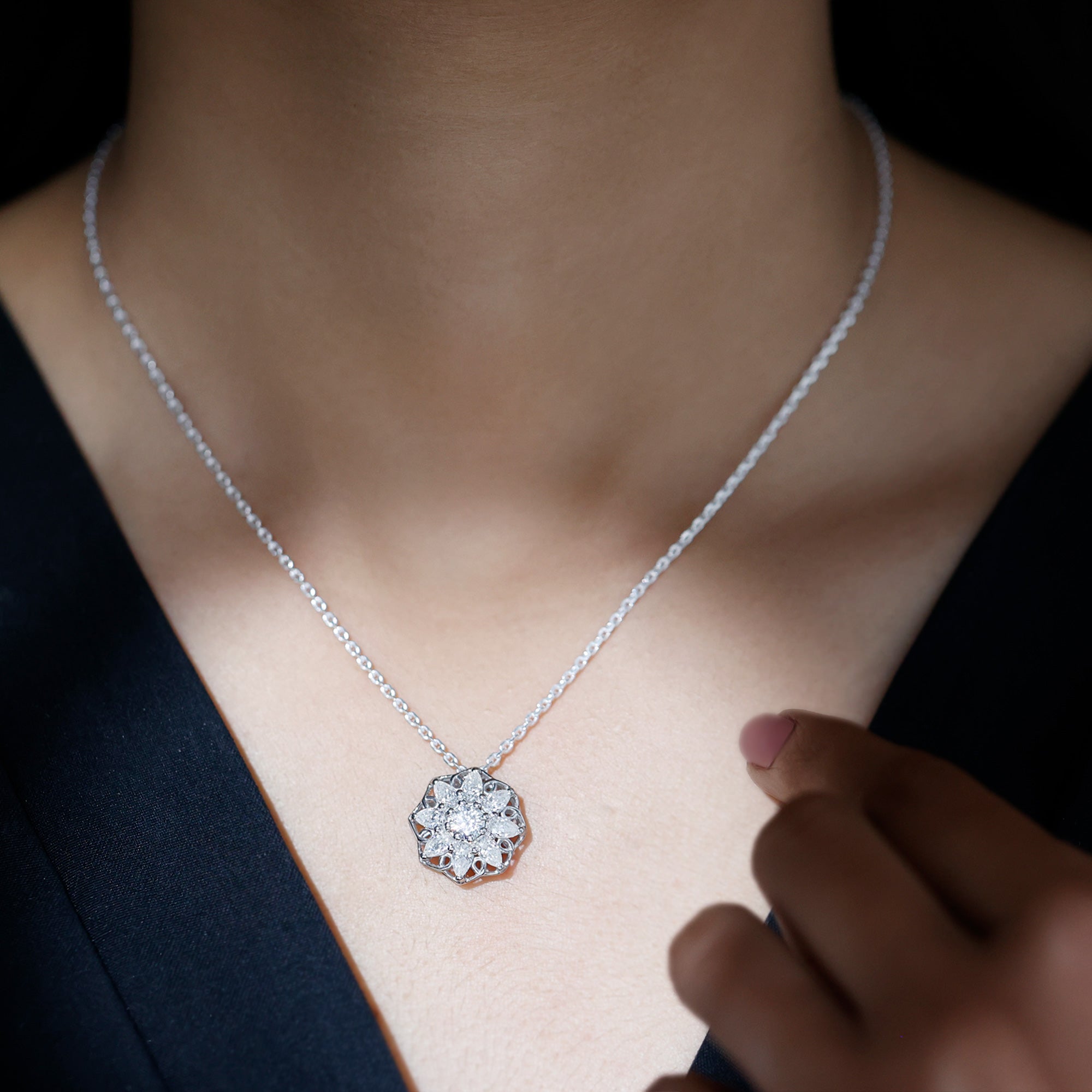 Lab Grown Diamond Statement Flower Necklace Lab - ( EF-VS ) - Rosec Jewels