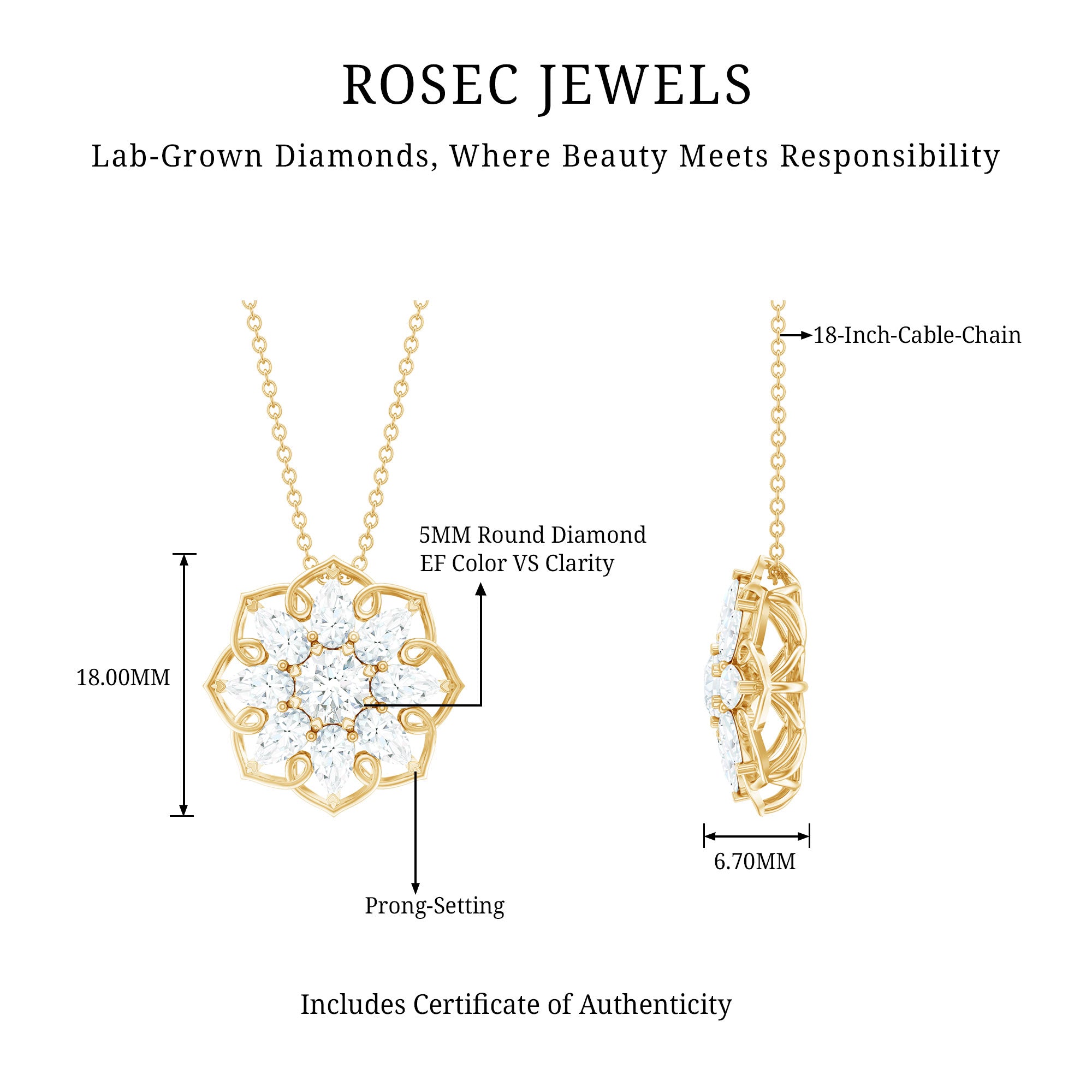 Lab Grown Diamond Statement Flower Necklace Lab - ( EF-VS ) - Rosec Jewels