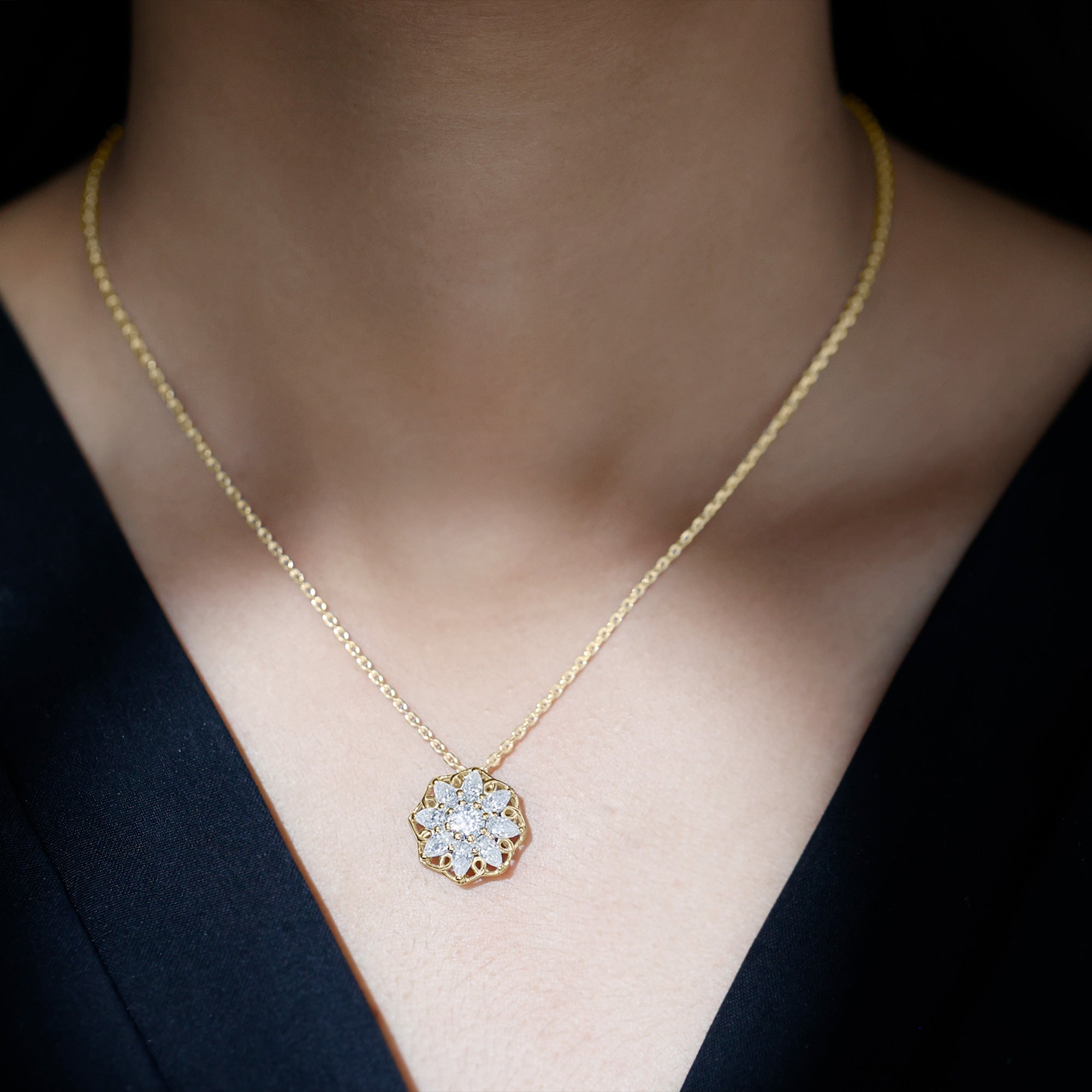 Lab Grown Diamond Statement Flower Necklace Lab - ( EF-VS ) - Rosec Jewels