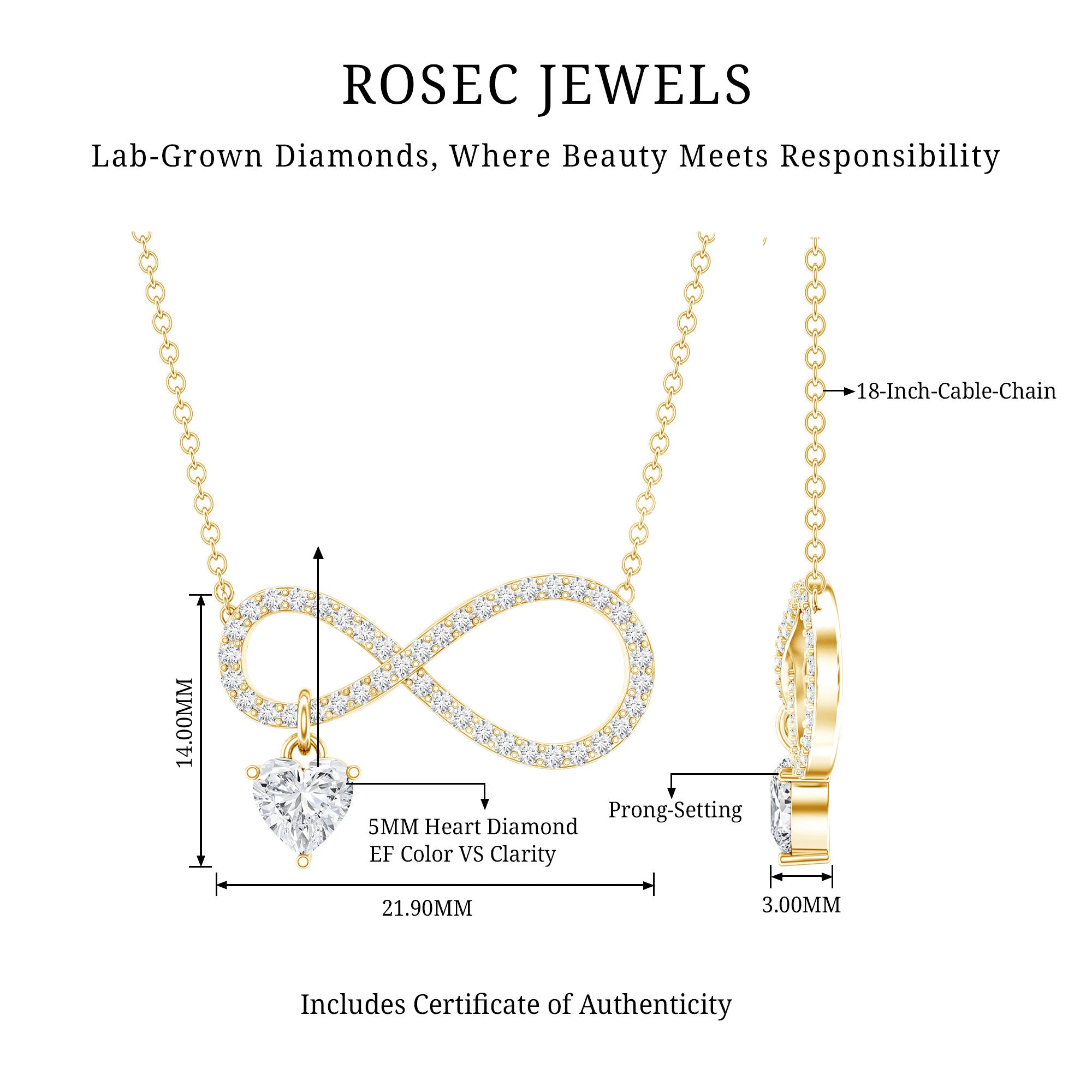 Pave Set Lab Grown Diamond Infinity Heart Charm Necklace Lab - ( EF-VS ) - Rosec Jewels