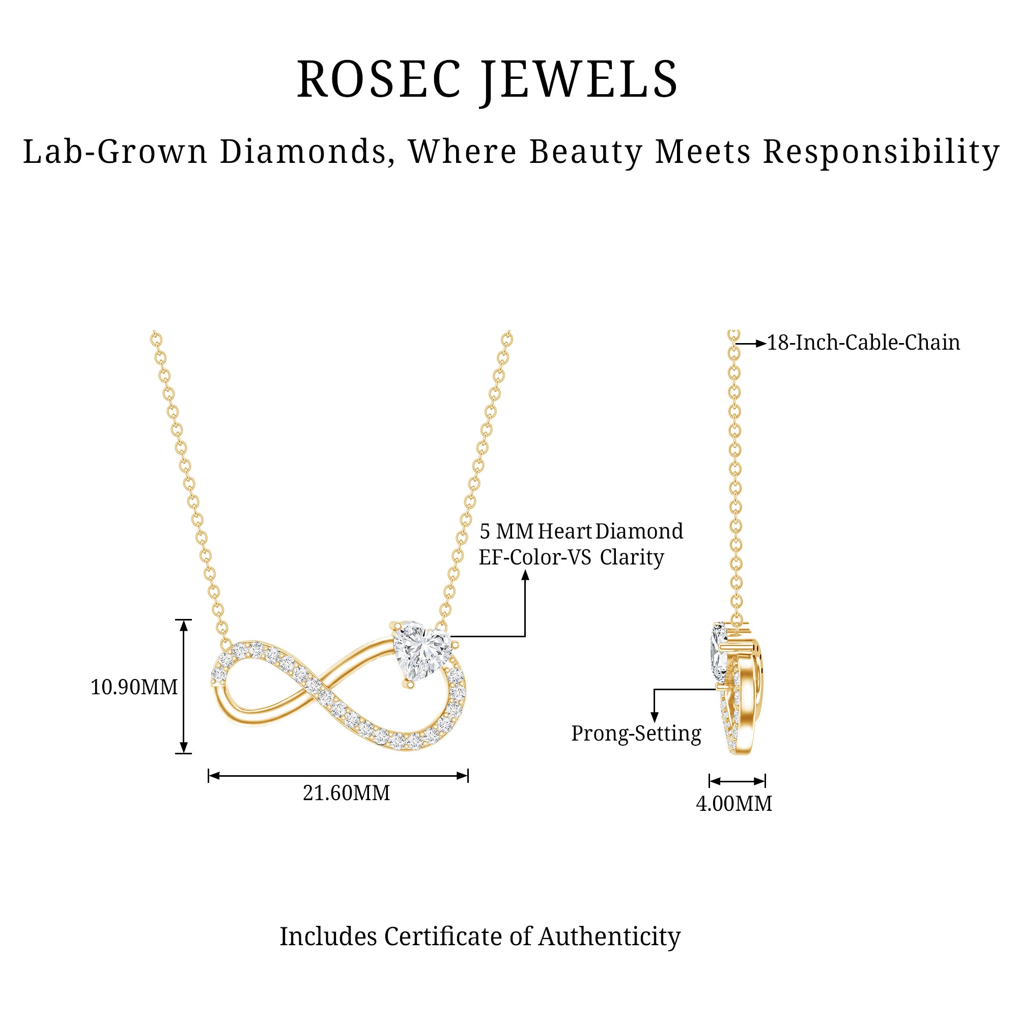 Lab Grown Diamond Infinity Heart Necklace For Women Lab - ( EF-VS ) - Rosec Jewels