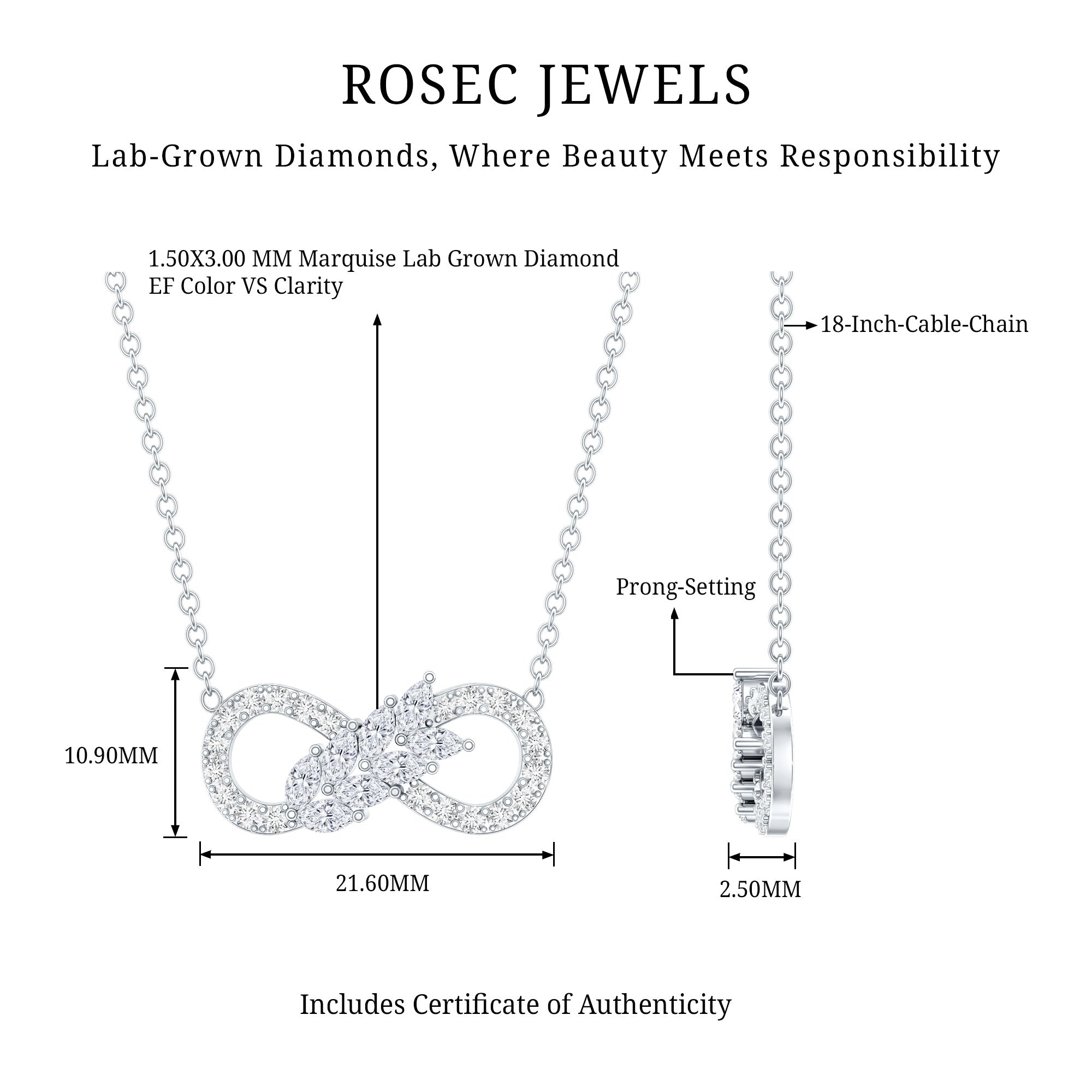 Lab Grown Diamond Infinity Love Knot Necklace For Women Lab - ( EF-VS ) - Rosec Jewels