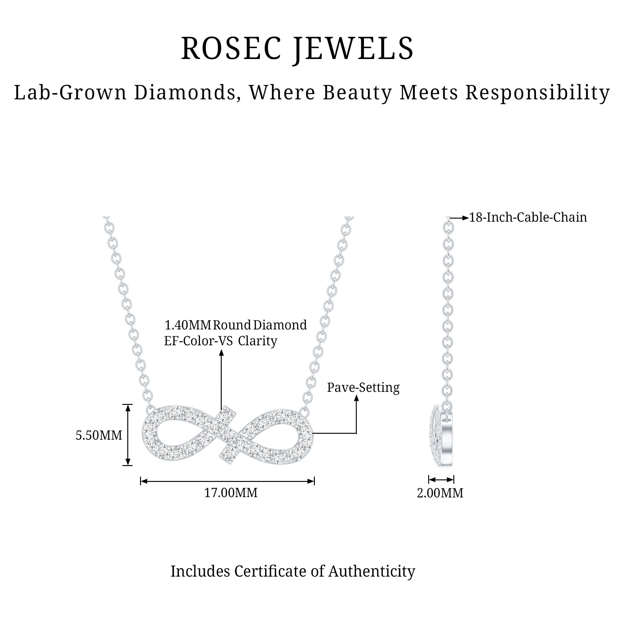 Pave Set Lab Grown Diamond Sideways Infinity Necklace Lab - ( EF-VS ) - Rosec Jewels