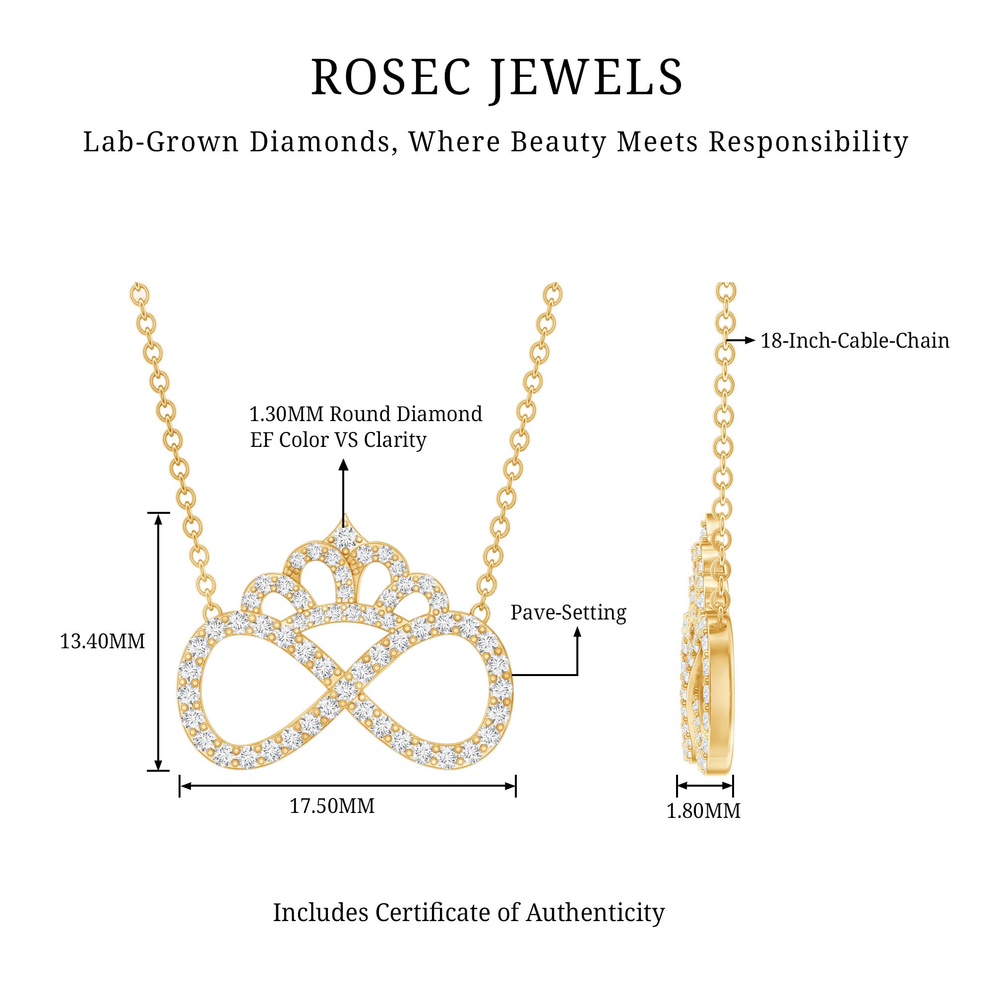 Lab Grown Diamond Crown Statement Necklace Lab - ( EF-VS ) - Rosec Jewels