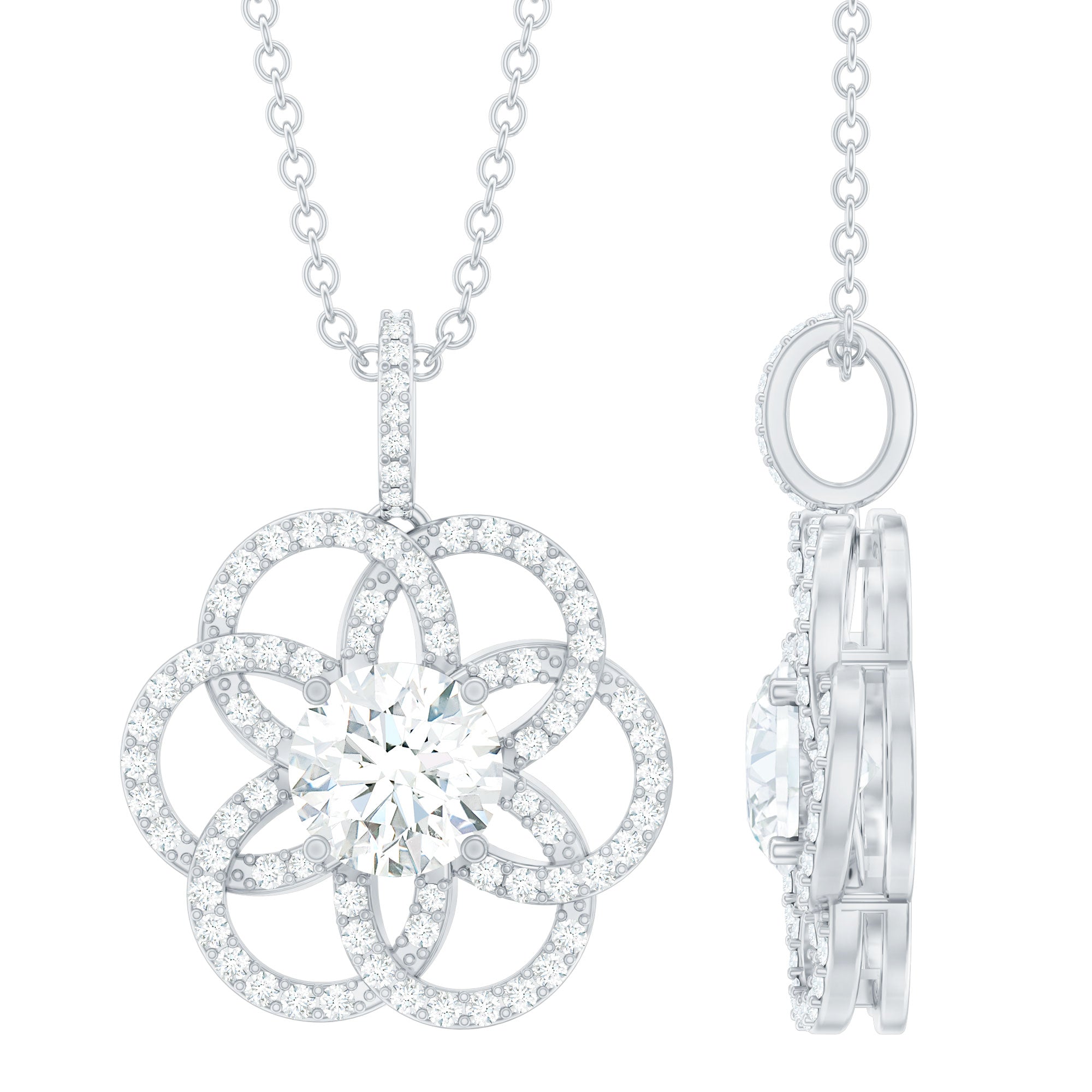 Lab 6 MM Round Diamond Flower Bridal Necklace Lab - ( EF-VS ) - Rosec Jewels