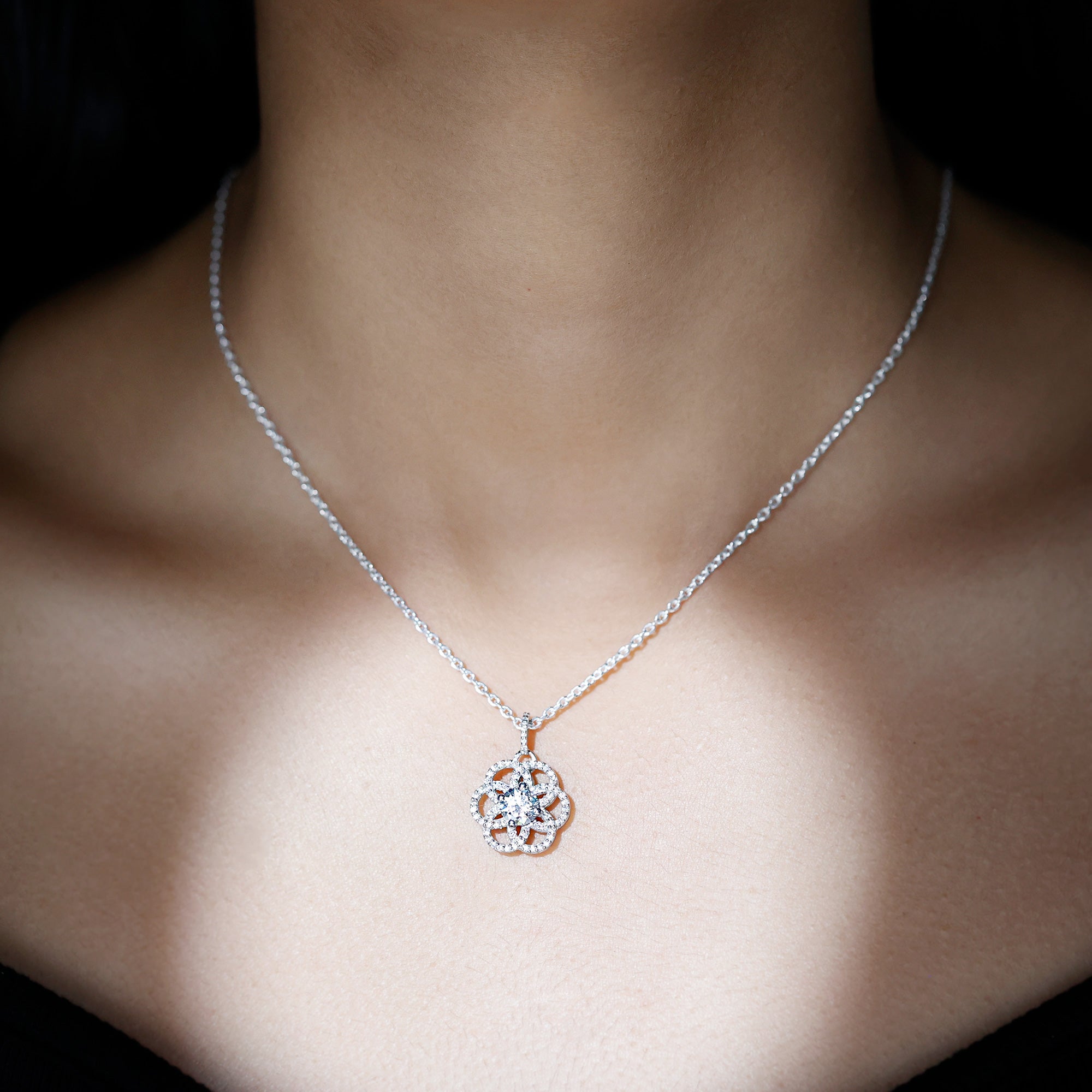 Lab 6 MM Round Diamond Flower Bridal Necklace Lab - ( EF-VS ) - Rosec Jewels
