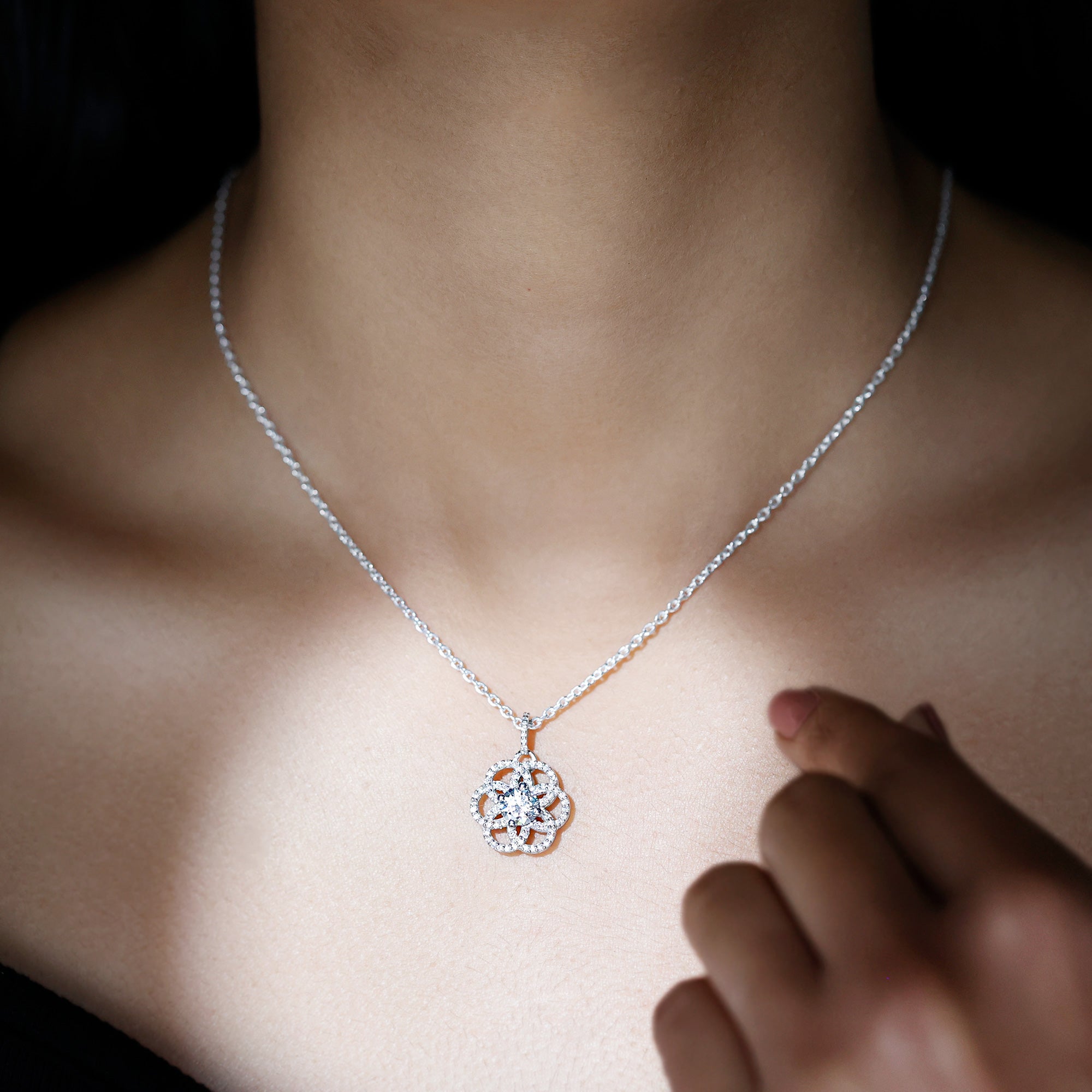 Lab 6 MM Round Diamond Flower Bridal Necklace Lab - ( EF-VS ) - Rosec Jewels