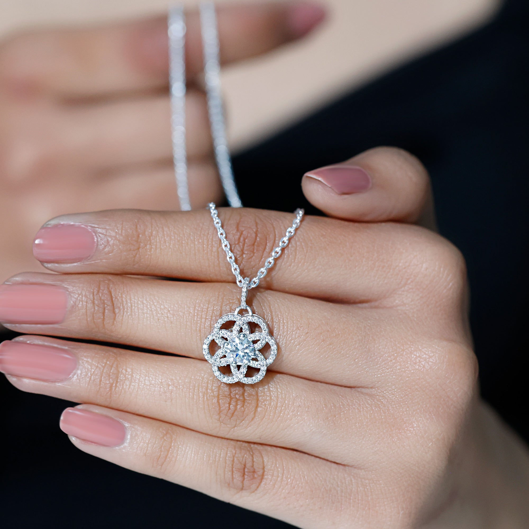 Lab 6 MM Round Diamond Flower Bridal Necklace Lab - ( EF-VS ) - Rosec Jewels