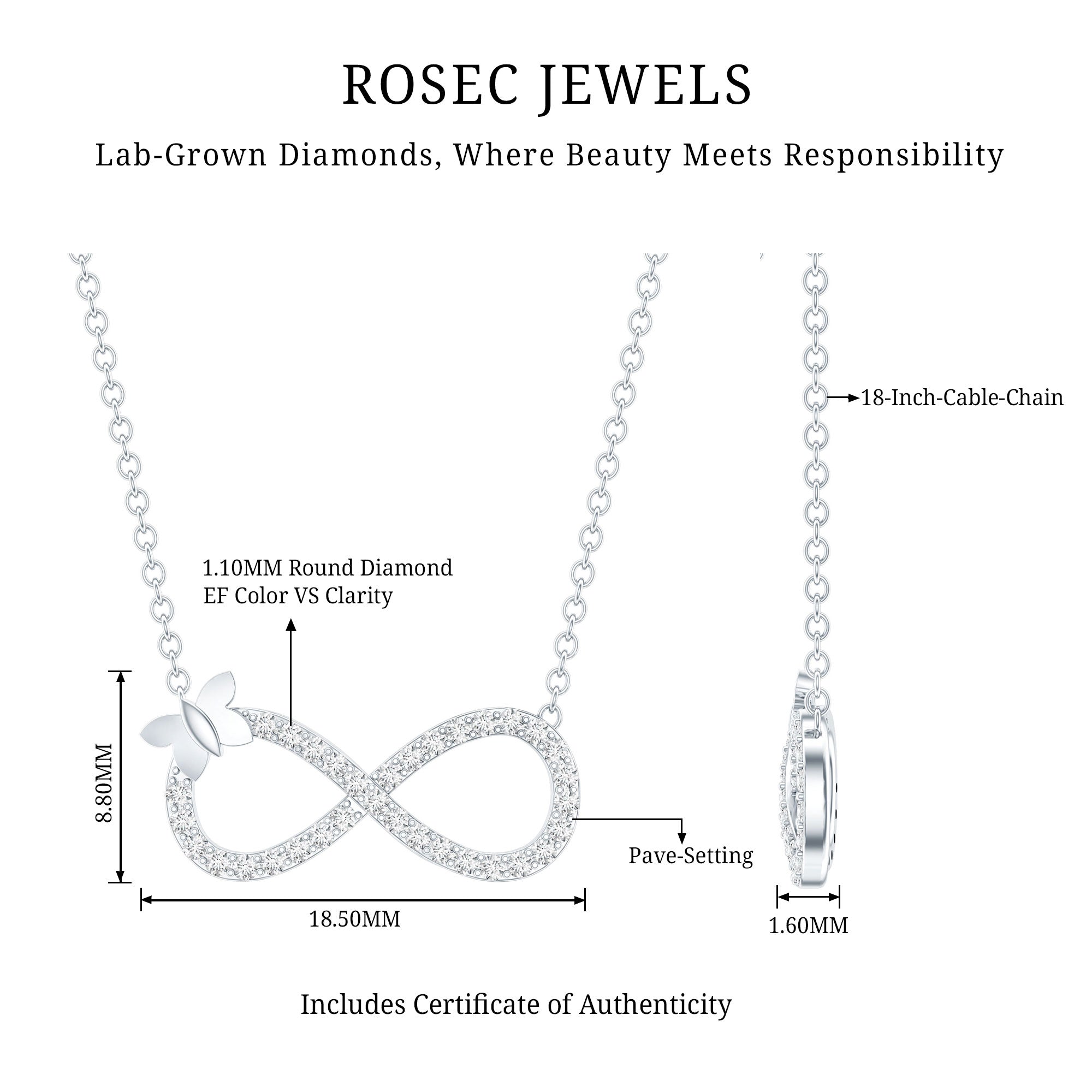 Lab Pave Set Diamond Sideways Infinity Butterfly Necklace Lab - ( EF-VS ) - Rosec Jewels