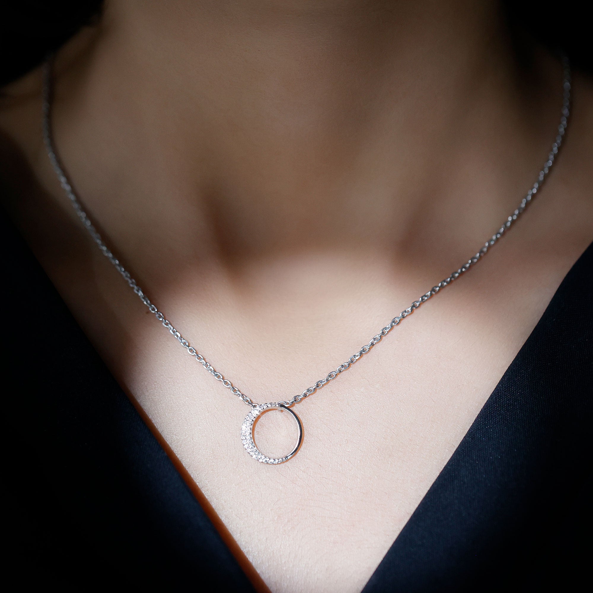 Pave Set Lab Grown Diamond Open Circle Pendant Necklace Lab - ( EF-VS ) - Rosec Jewels