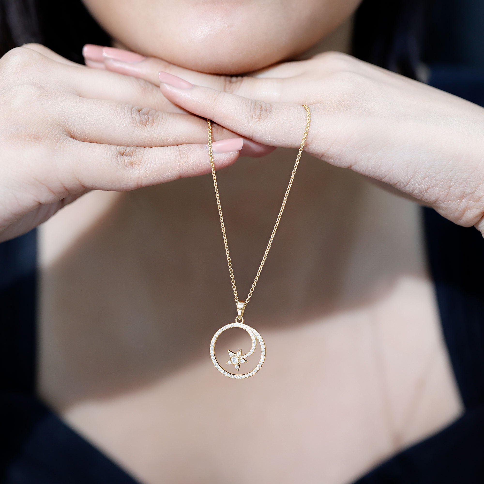 Certified Lab Grown Diamond Open Circle Necklace With Star Lab - ( EF-VS ) - Rosec Jewels
