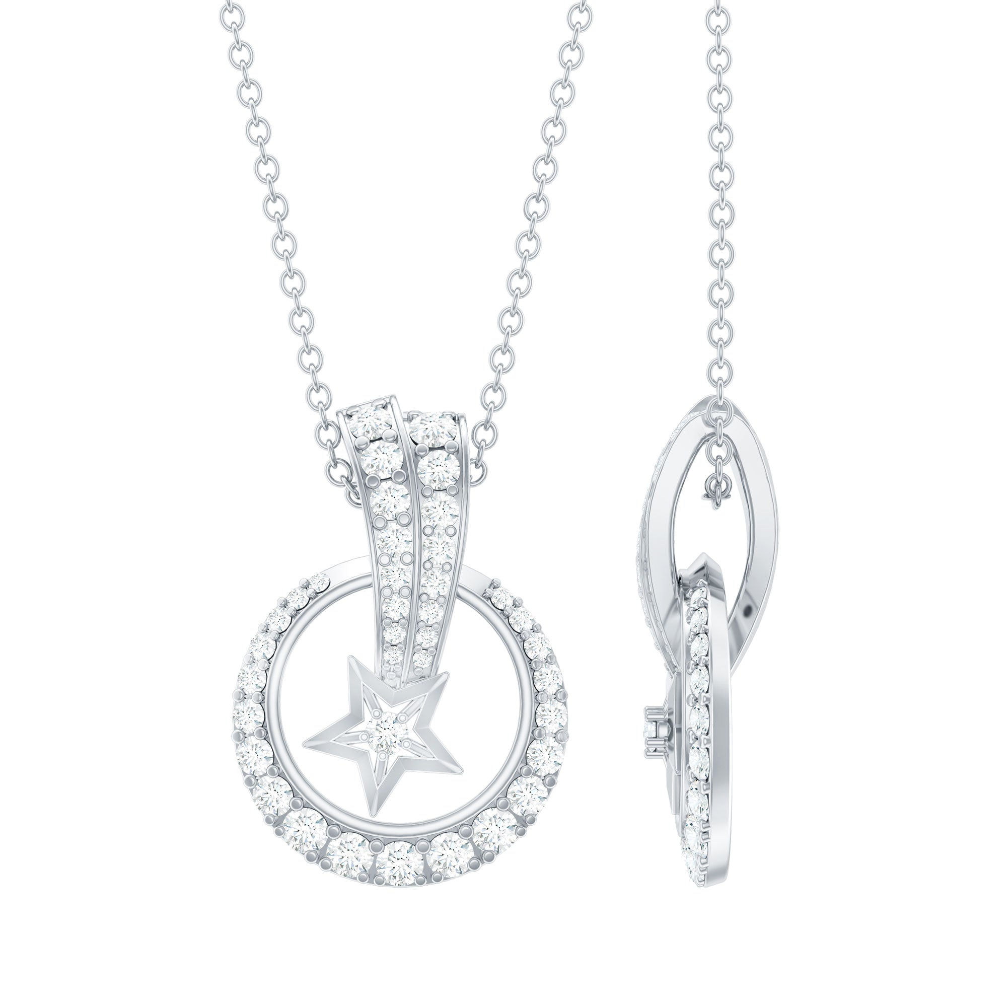 Lab Grown Diamond Star Circle Necklace With Decorated Bail Lab - ( EF-VS ) - Rosec Jewels