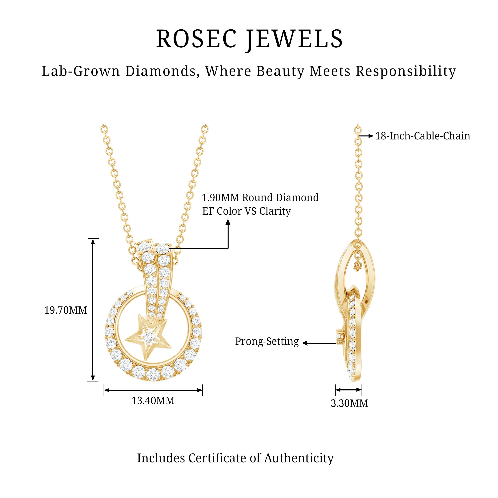 Lab Grown Diamond Star Circle Necklace With Decorated Bail Lab - ( EF-VS ) - Rosec Jewels