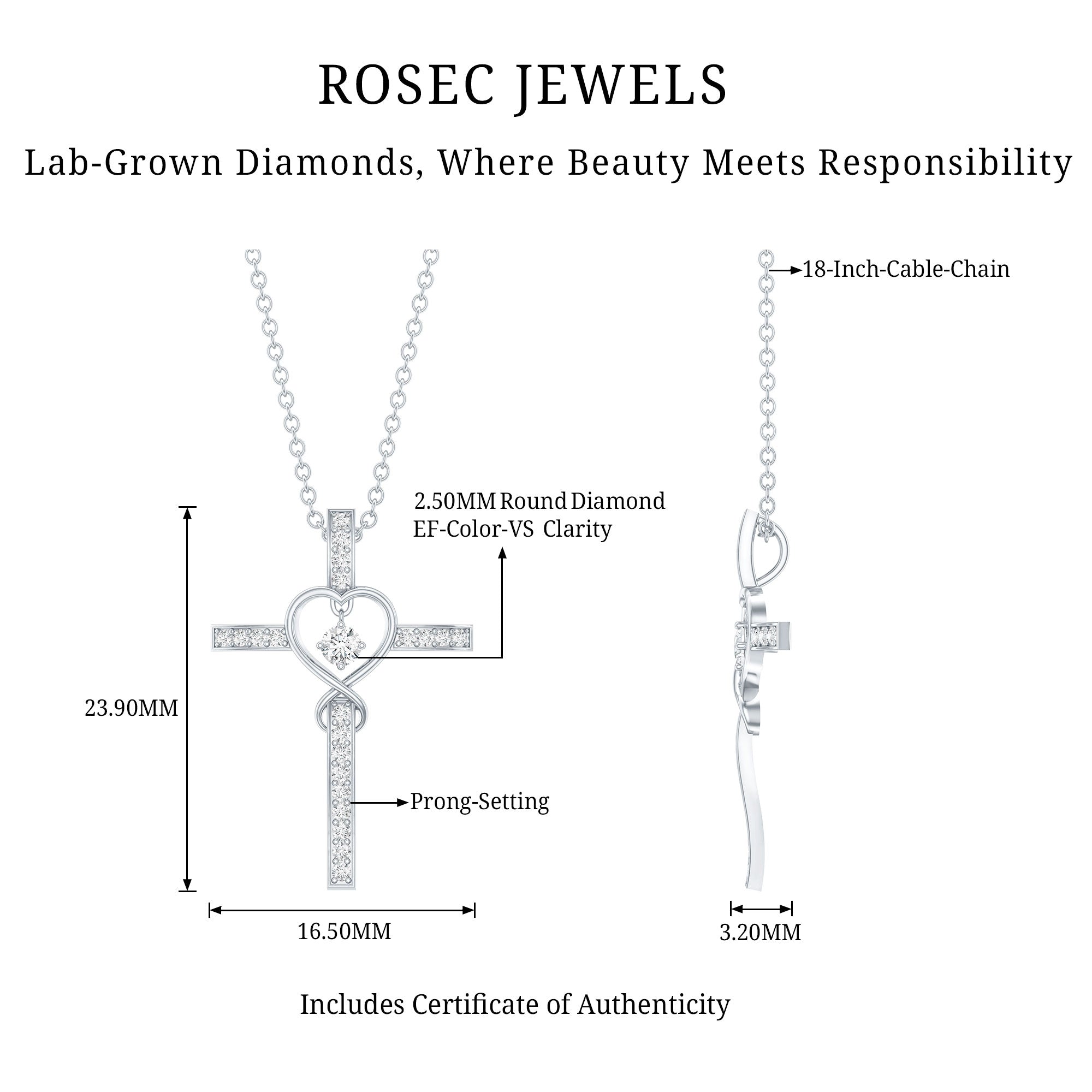 Certified Lab Grown Diamond Cross Heart Necklace Lab - ( EF-VS ) - Rosec Jewels