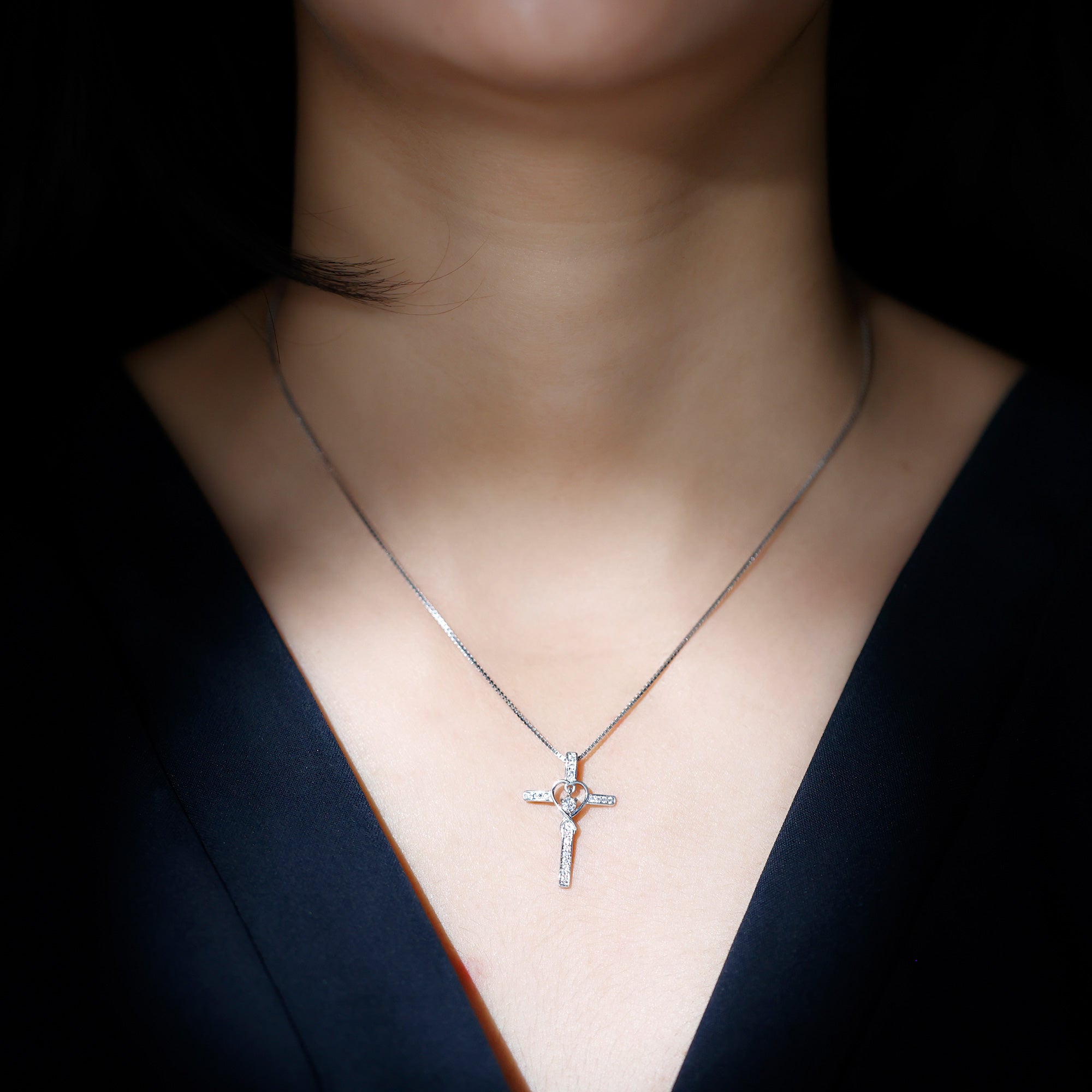 Certified Lab Grown Diamond Cross Heart Necklace Lab - ( EF-VS ) - Rosec Jewels
