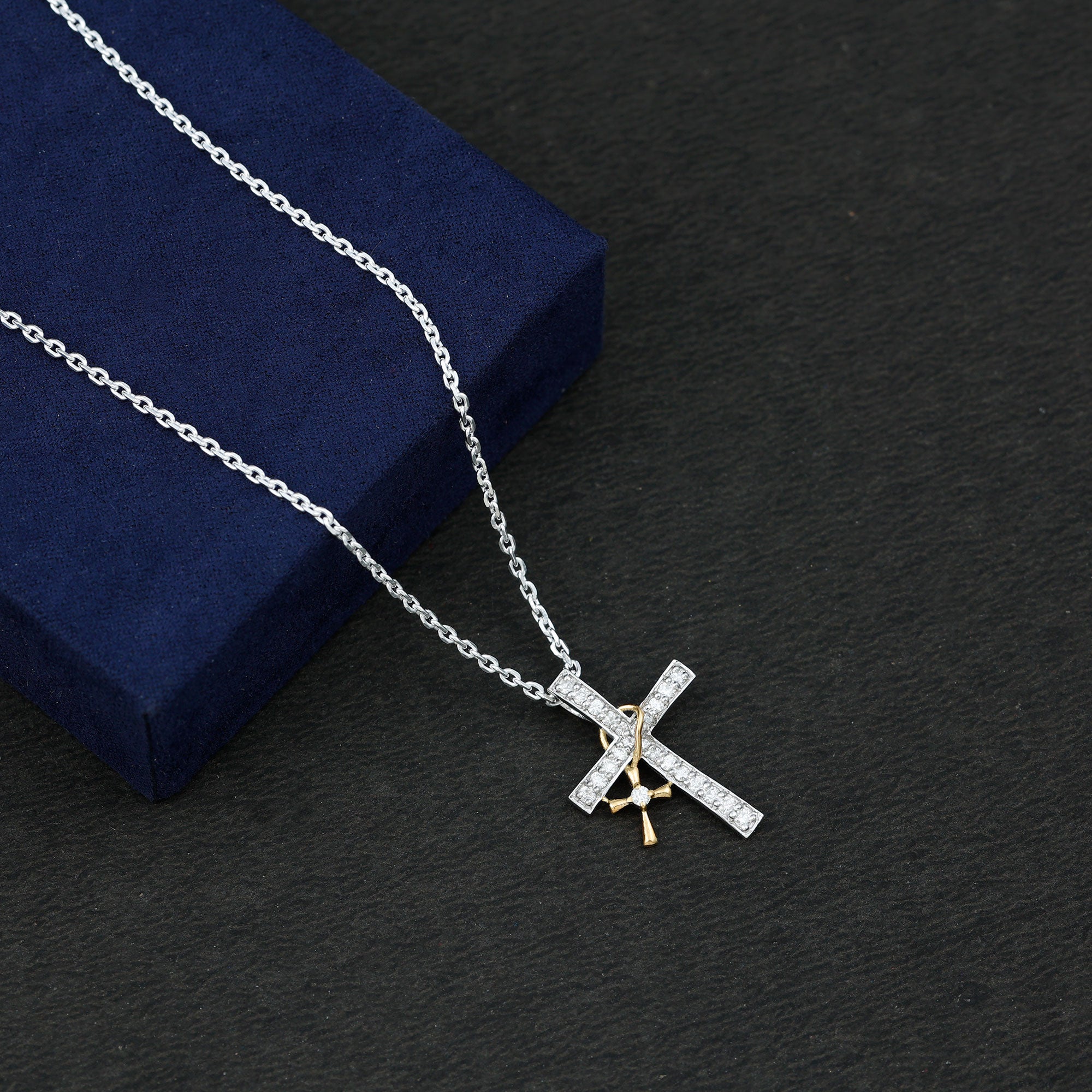 Pave Set Lab Grown Diamond Double Cross Charm Necklace Lab - ( EF-VS ) - Rosec Jewels
