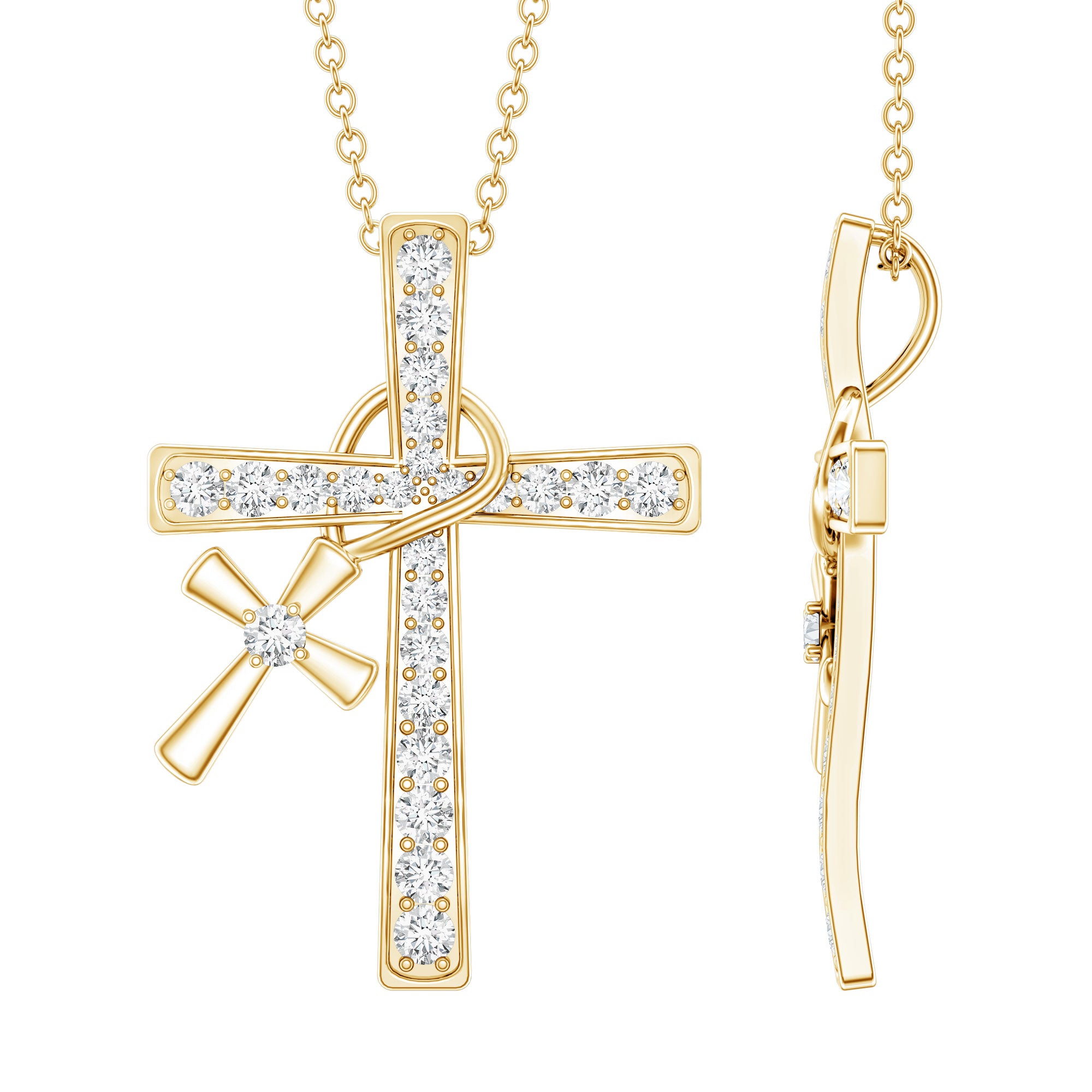 Pave Set Lab Grown Diamond Double Cross Charm Necklace Lab - ( EF-VS ) - Rosec Jewels