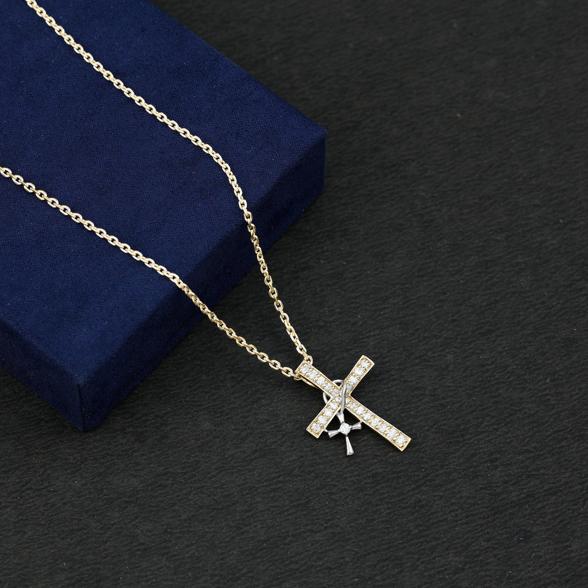 Pave Set Lab Grown Diamond Double Cross Charm Necklace Lab - ( EF-VS ) - Rosec Jewels