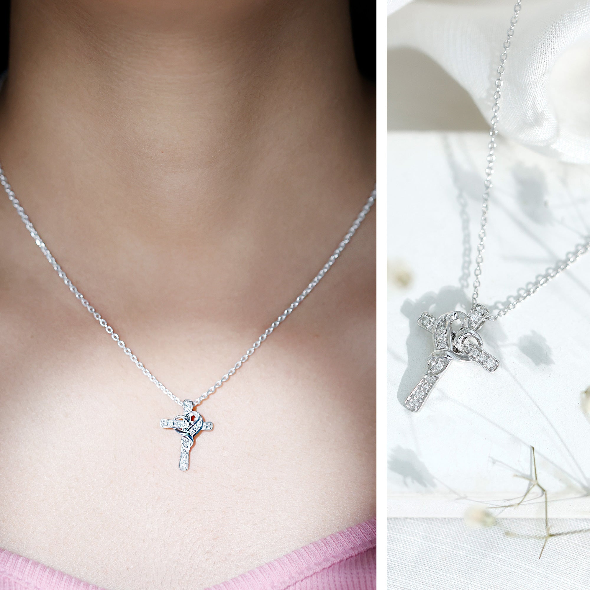 Certified Lab Grown Diamond Heart Cross Necklace Lab - ( EF-VS ) - Rosec Jewels