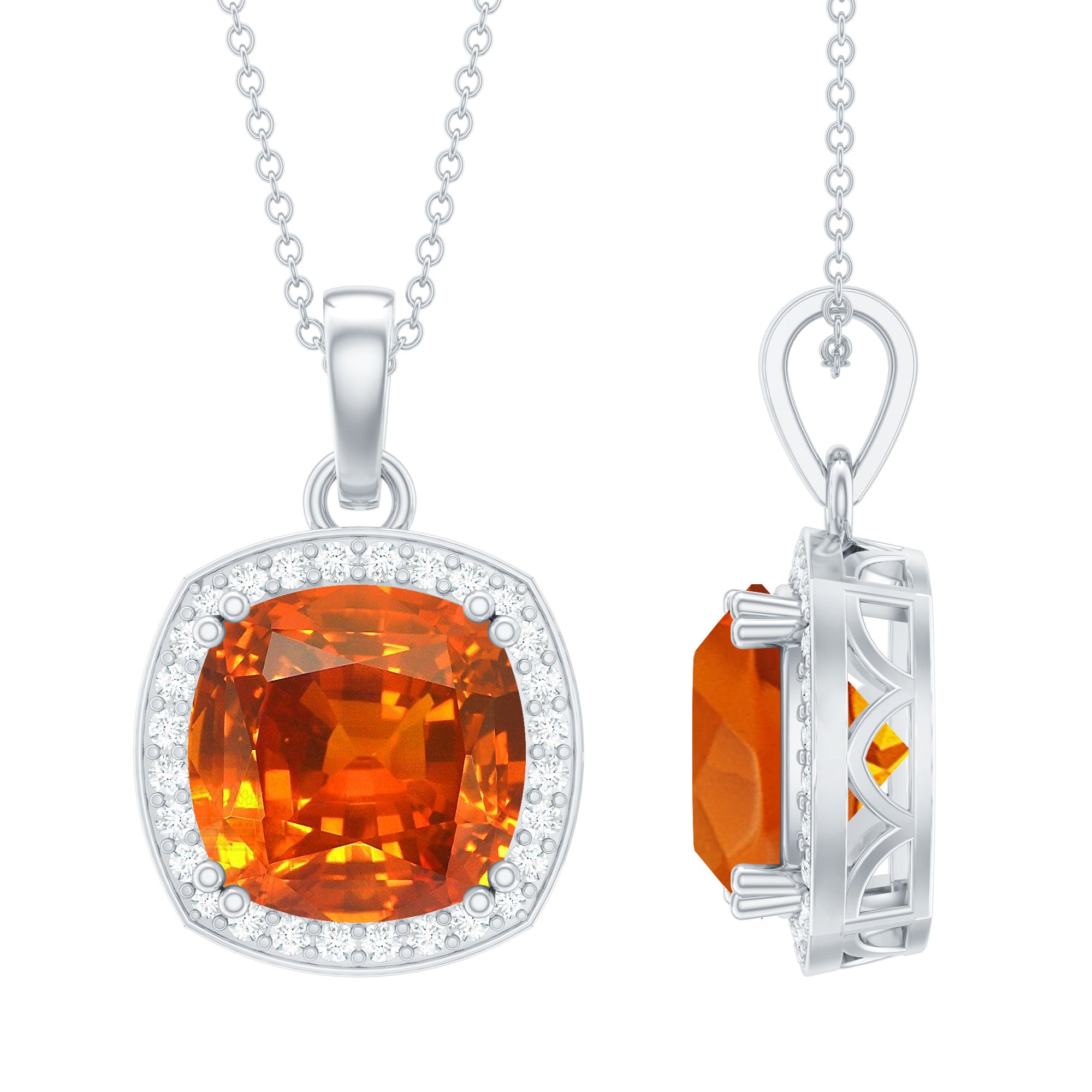 Certified 12 MM Lab Grown Orange Sapphire Necklace With Moissanite Halo
