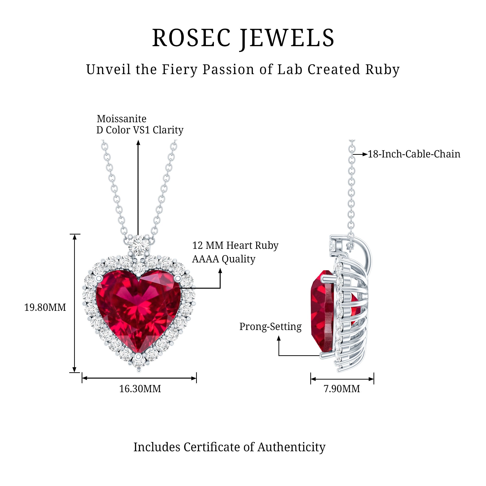 Certified Lab Grown Ruby Heart Necklace with Moissanite Halo AAAA - Rosec Jewels