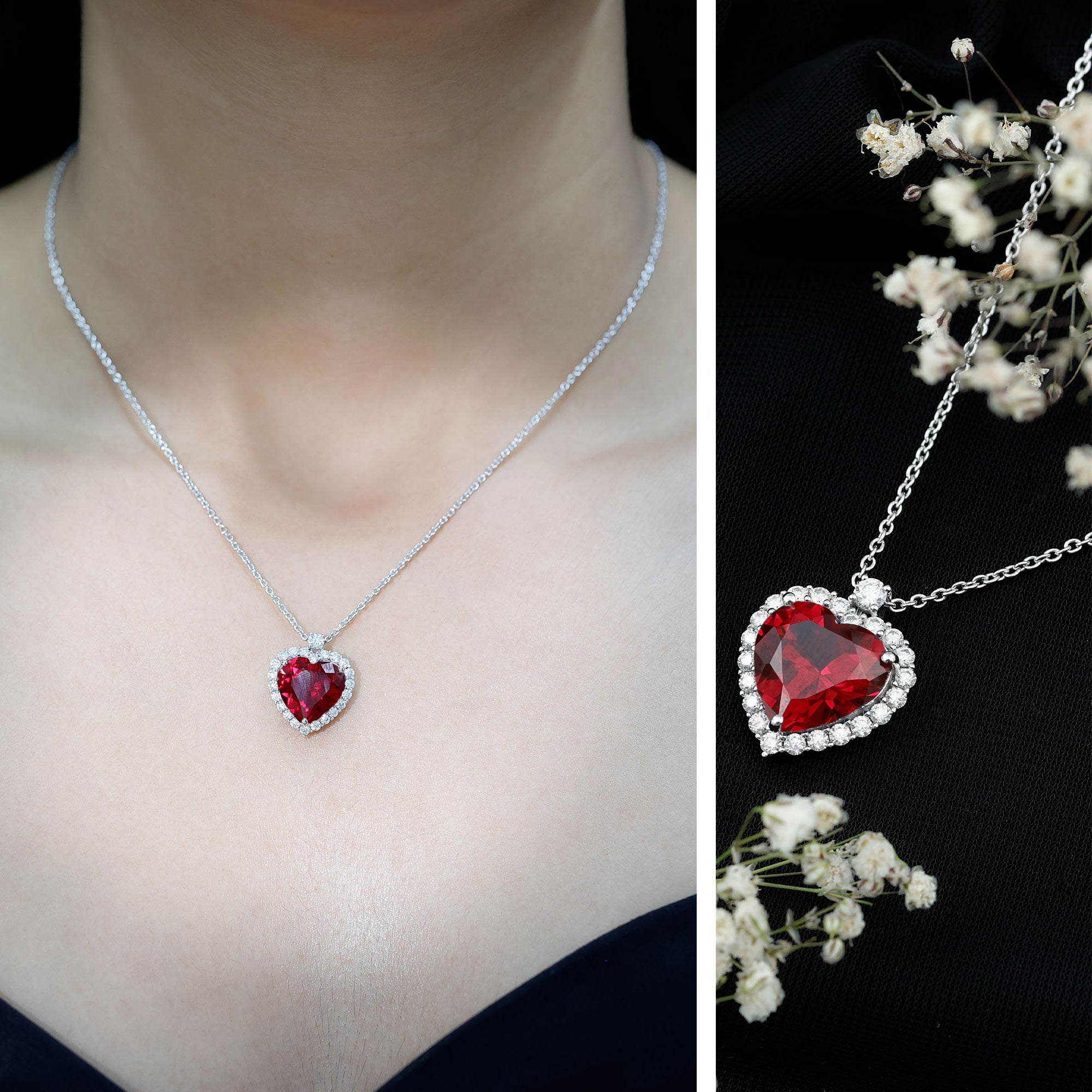 Certified Lab Grown Ruby Heart Necklace with Moissanite Halo AAAA - Rosec Jewels