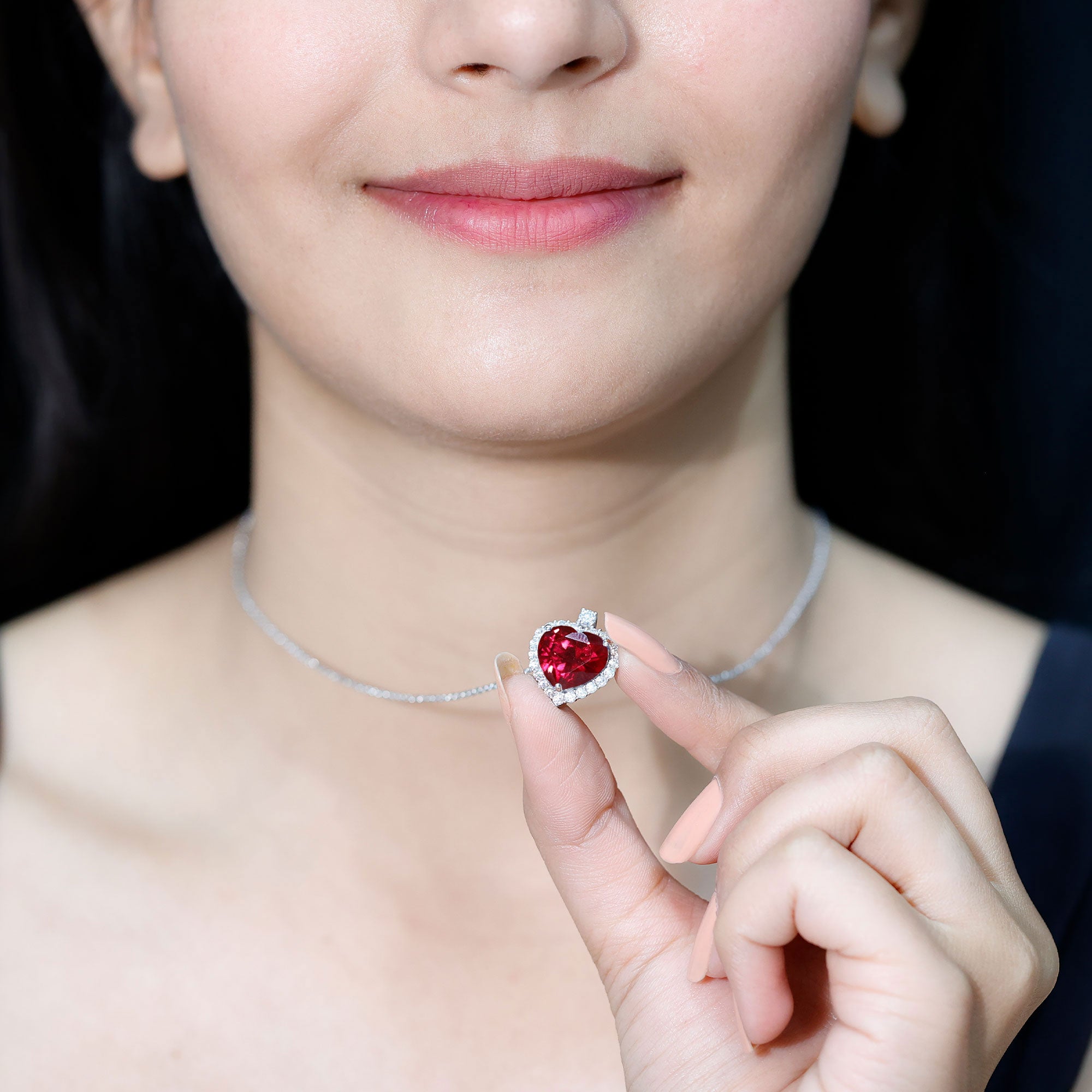 Certified Lab Grown Ruby Heart Necklace with Moissanite Halo AAAA - Rosec Jewels