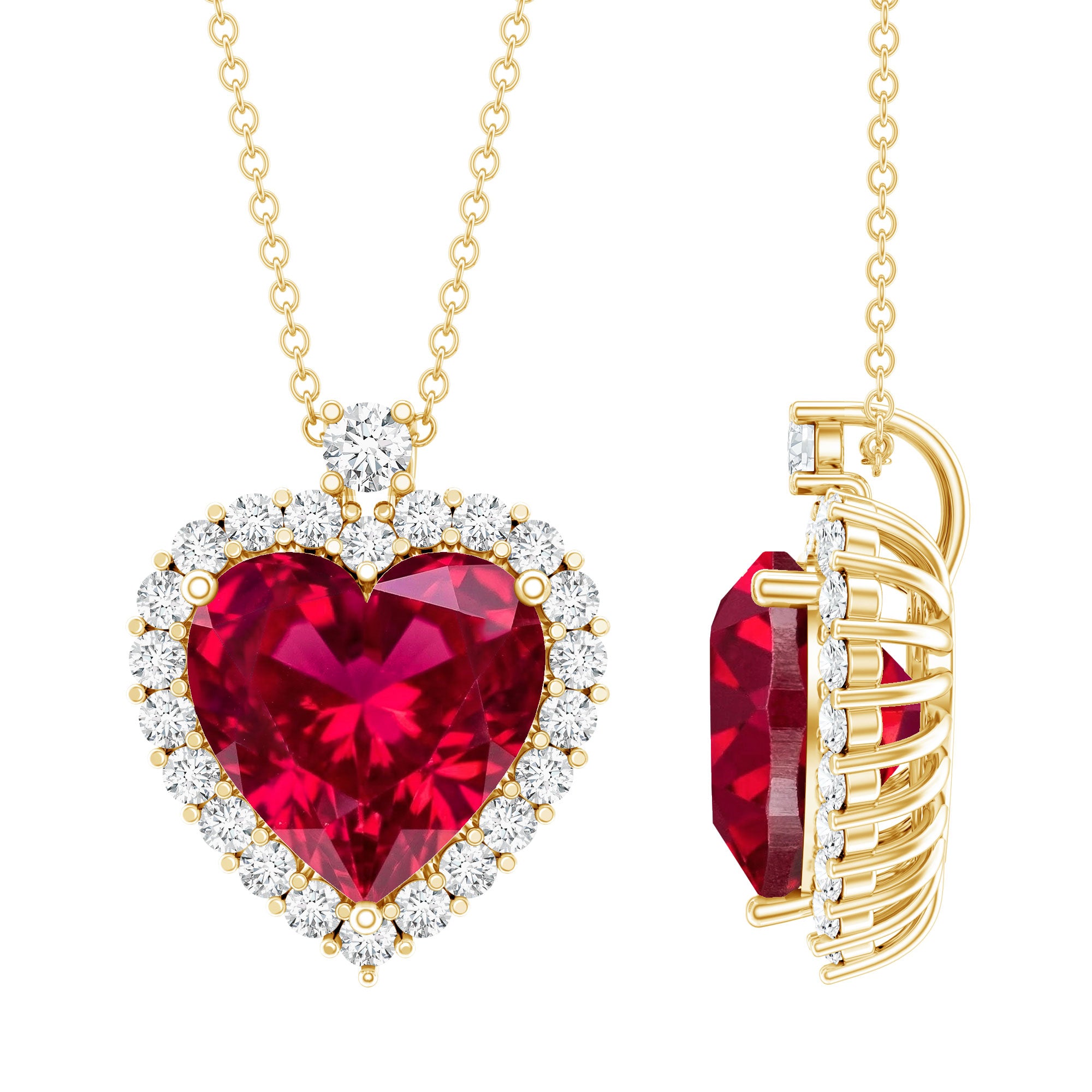 Certified Lab Grown Ruby Heart Necklace with Moissanite Halo AAAA - Rosec Jewels