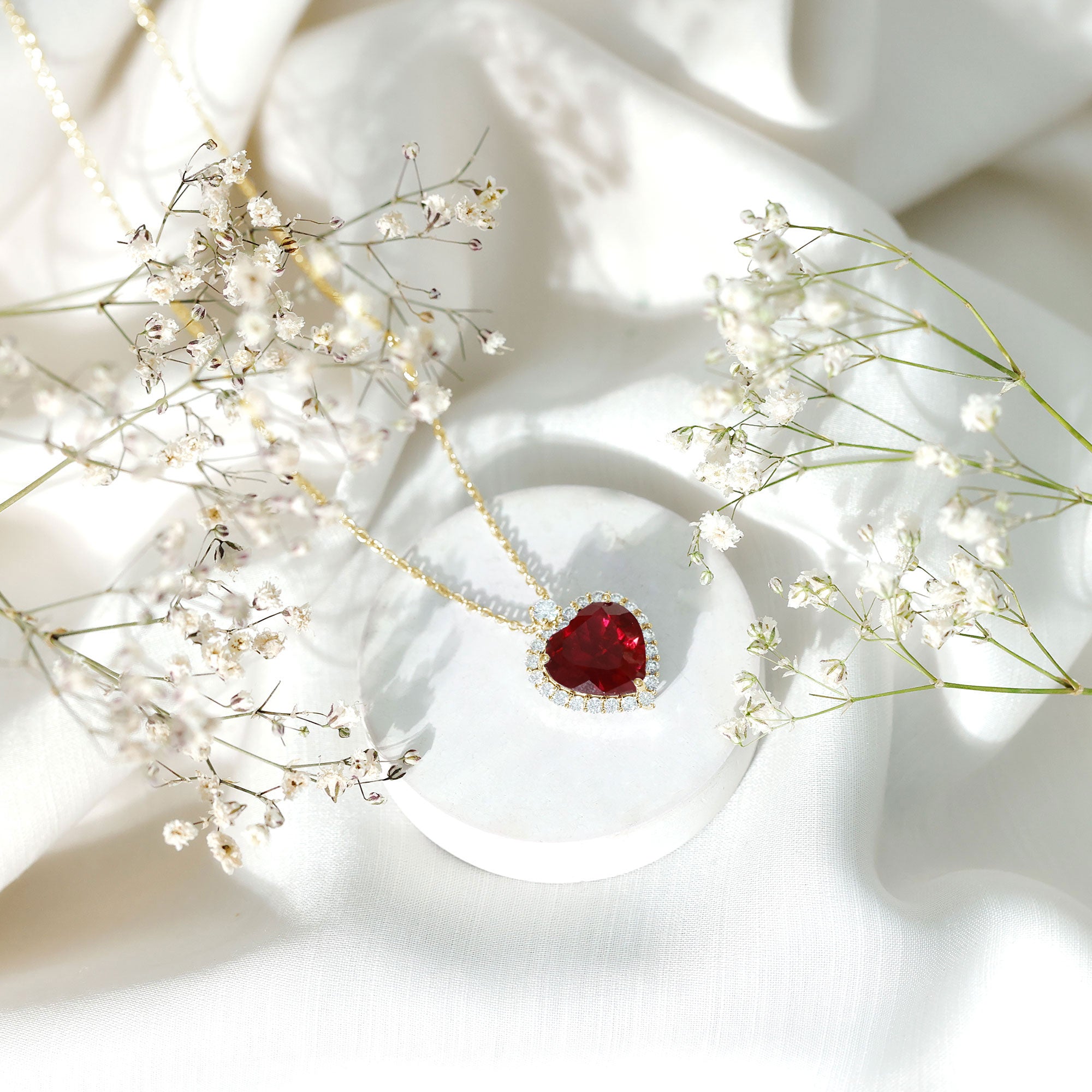 Certified Lab Grown Ruby Heart Necklace with Moissanite Halo AAAA - Rosec Jewels