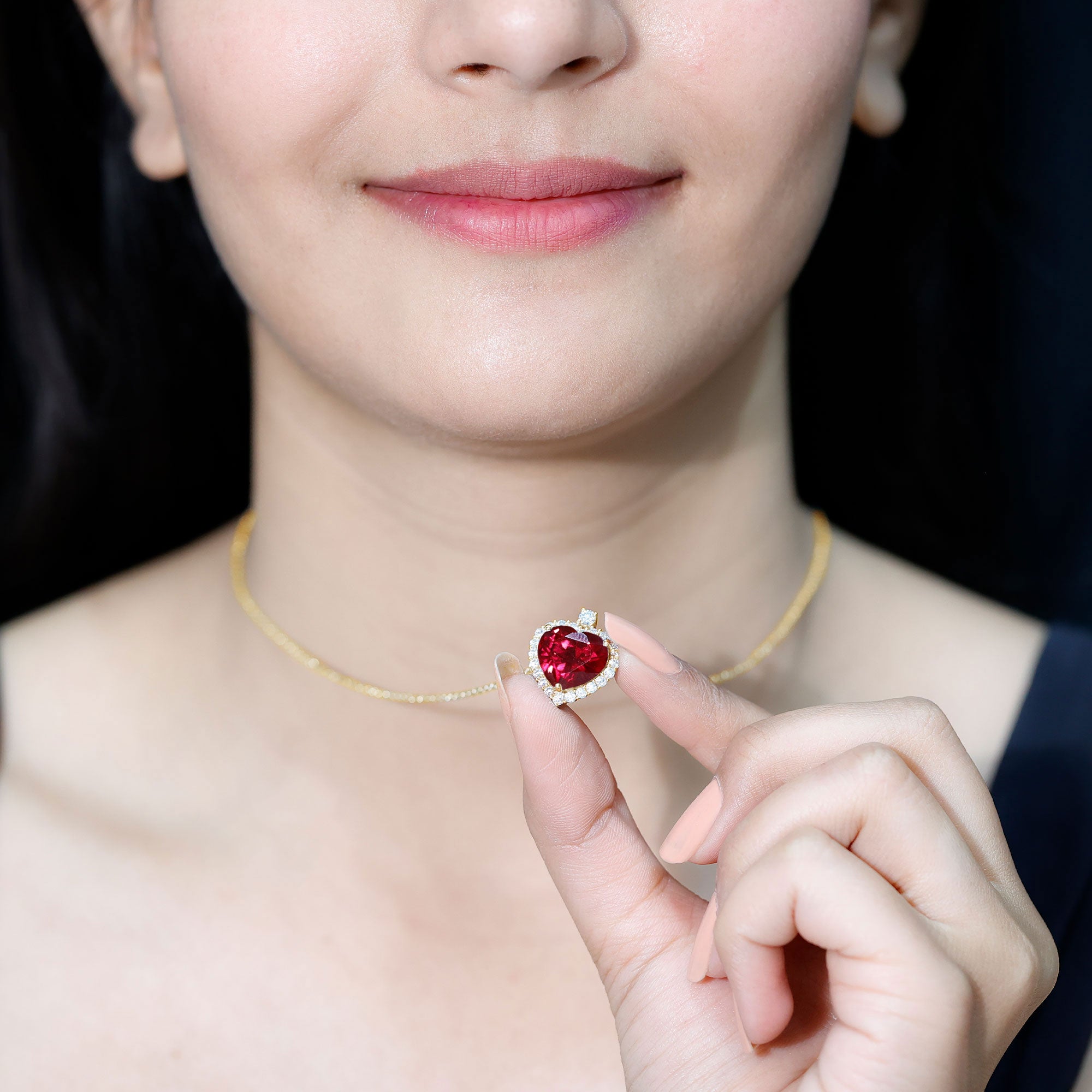 Certified Lab Grown Ruby Heart Necklace with Moissanite Halo AAAA - Rosec Jewels