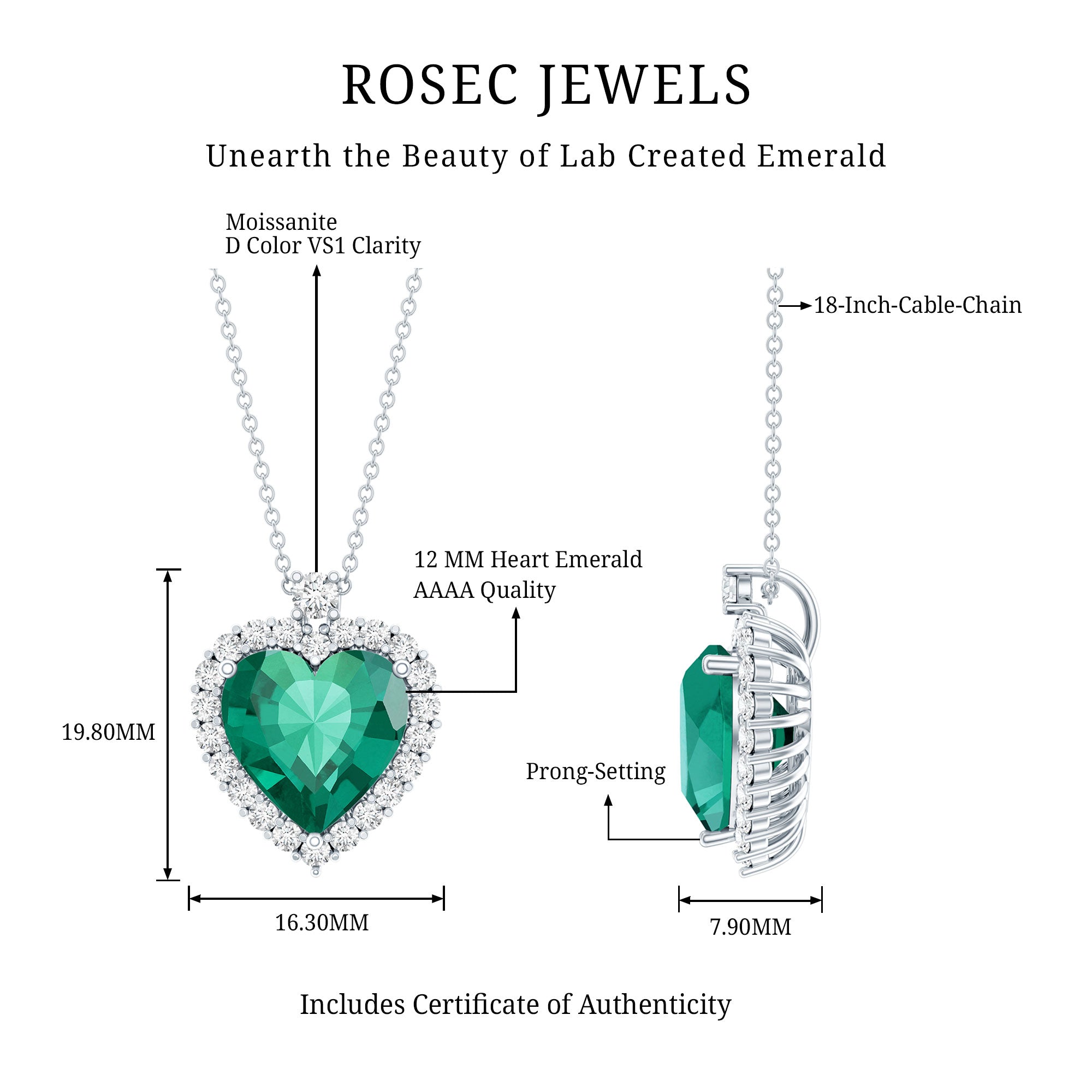 Lab Created 12 MM Emerald Moissanite Heart Pendant Necklace AAAA - Rosec Jewels