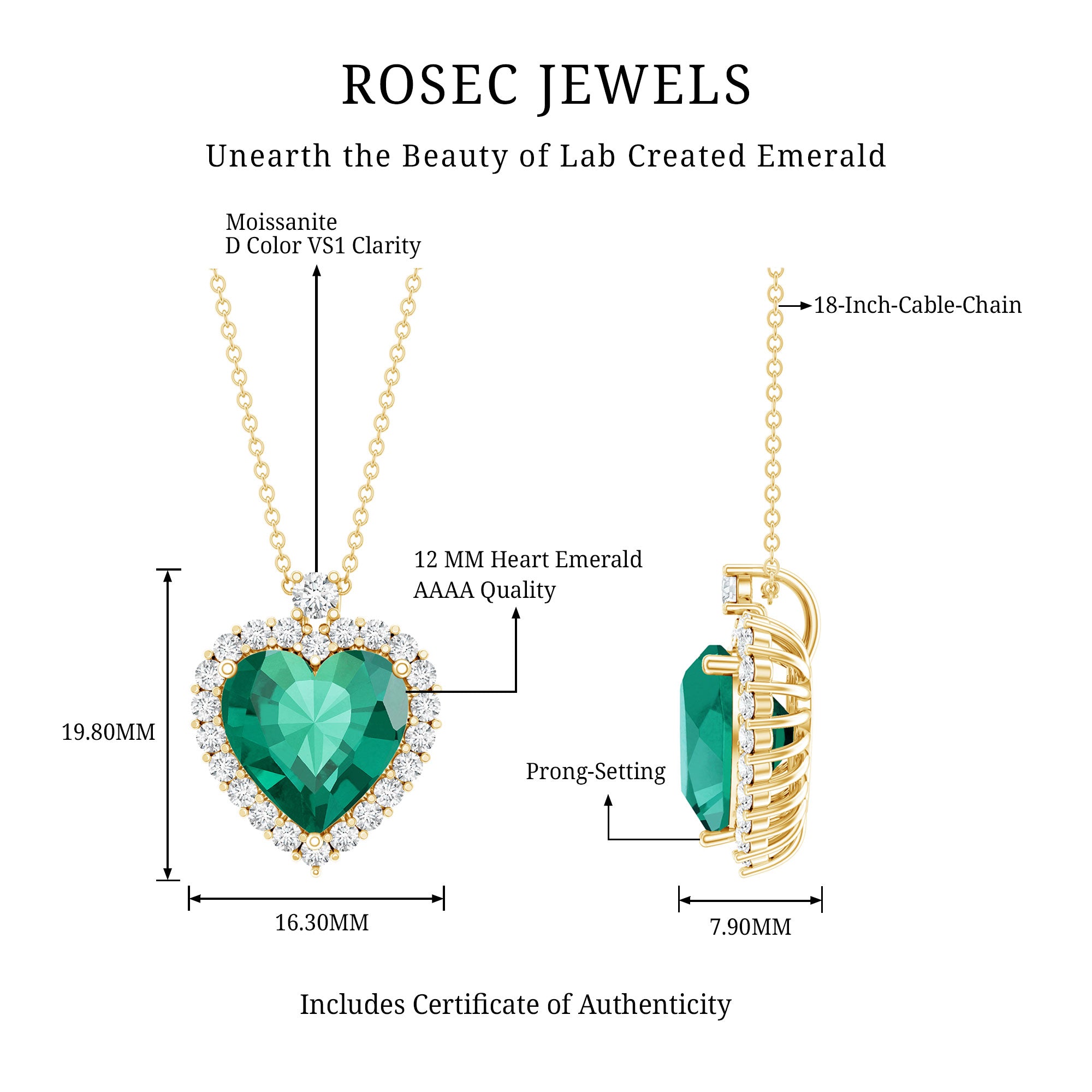 Lab Created 12 MM Emerald Moissanite Heart Pendant Necklace AAAA - Rosec Jewels