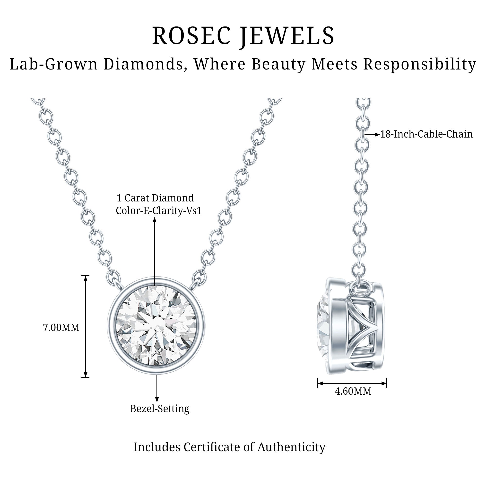 IGI Certified 1 CT Lab Grown Diamond Necklace in Bezel Setting Lab - ( E-VS1 ) - Rosec Jewels