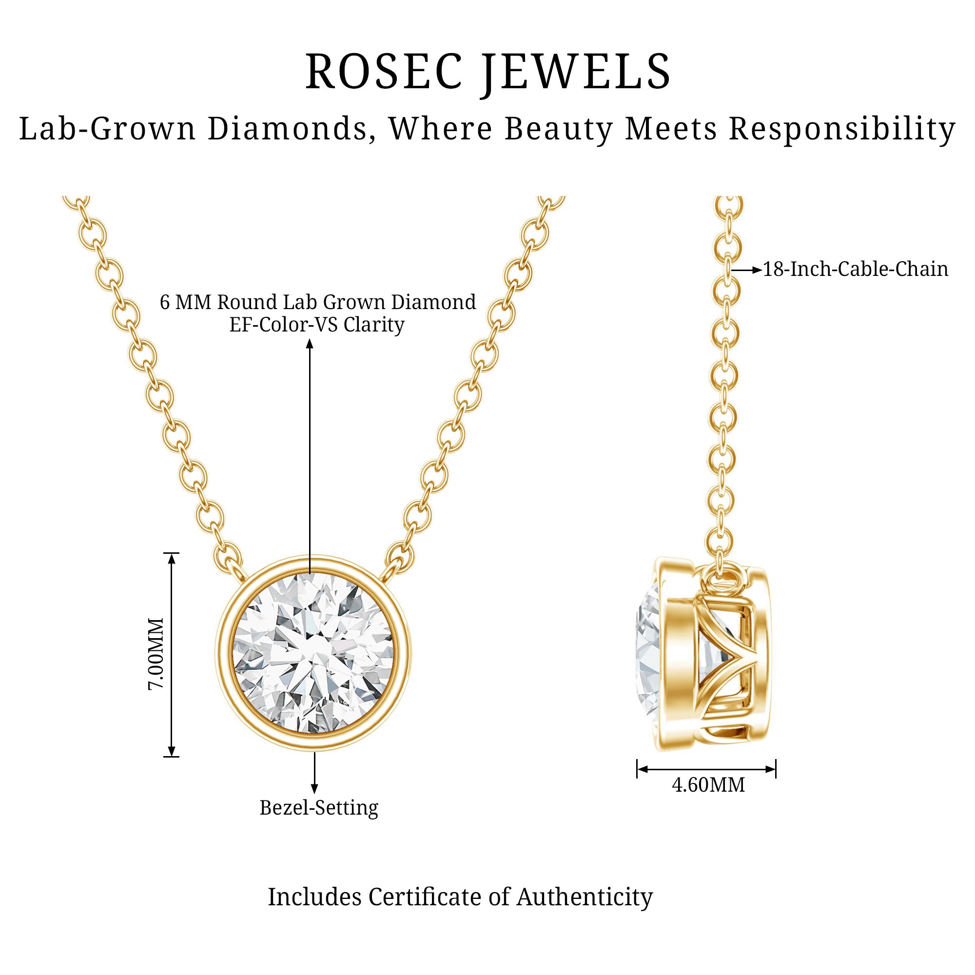 IGI Certified 1 CT Lab Grown Diamond Necklace in Bezel Setting Lab - ( E-VS1 ) - Rosec Jewels