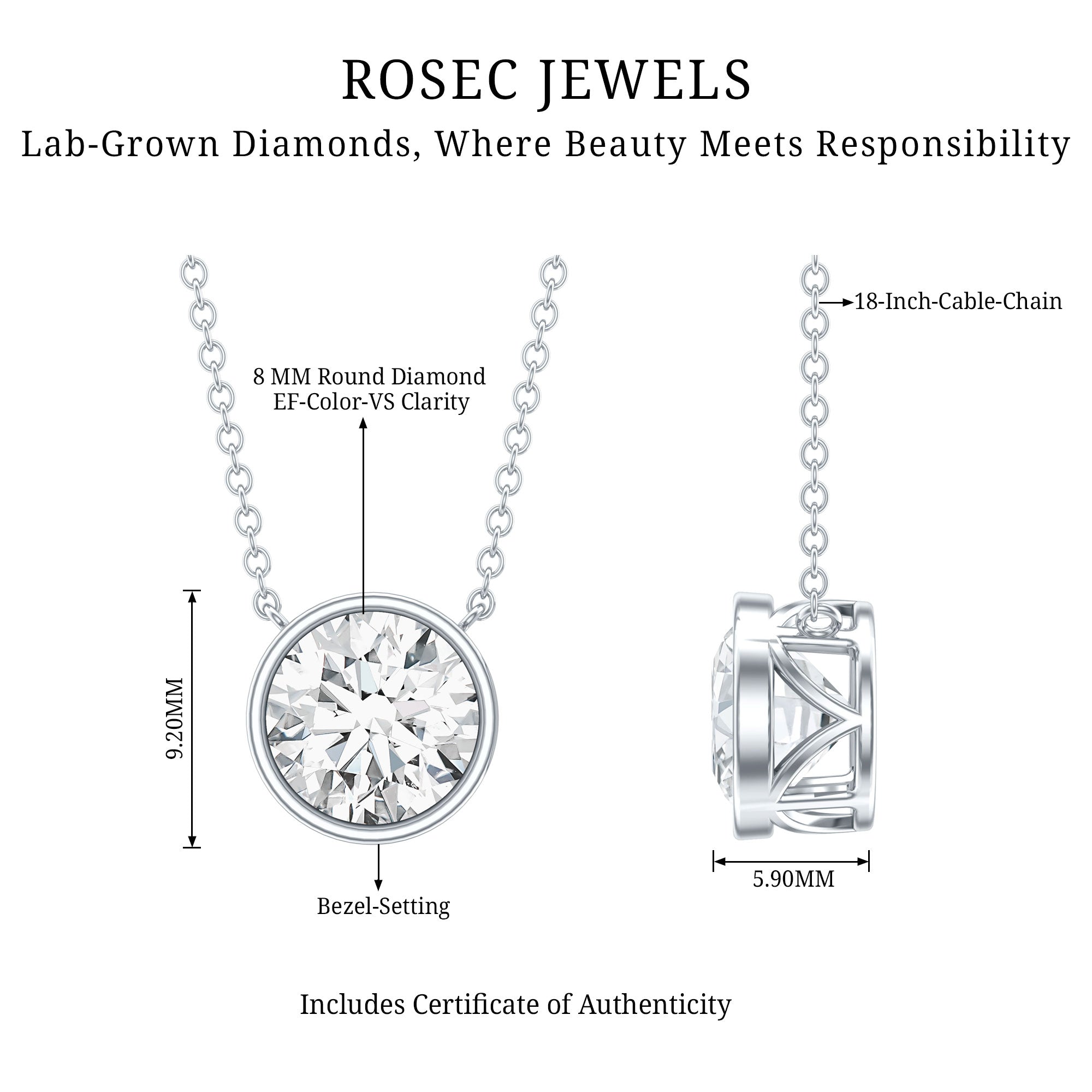 Bezel Set IGI Certified 2 Carat Lab Grown Diamond Solitaire Necklace Lab - ( E-VS1 ) - Rosec Jewels