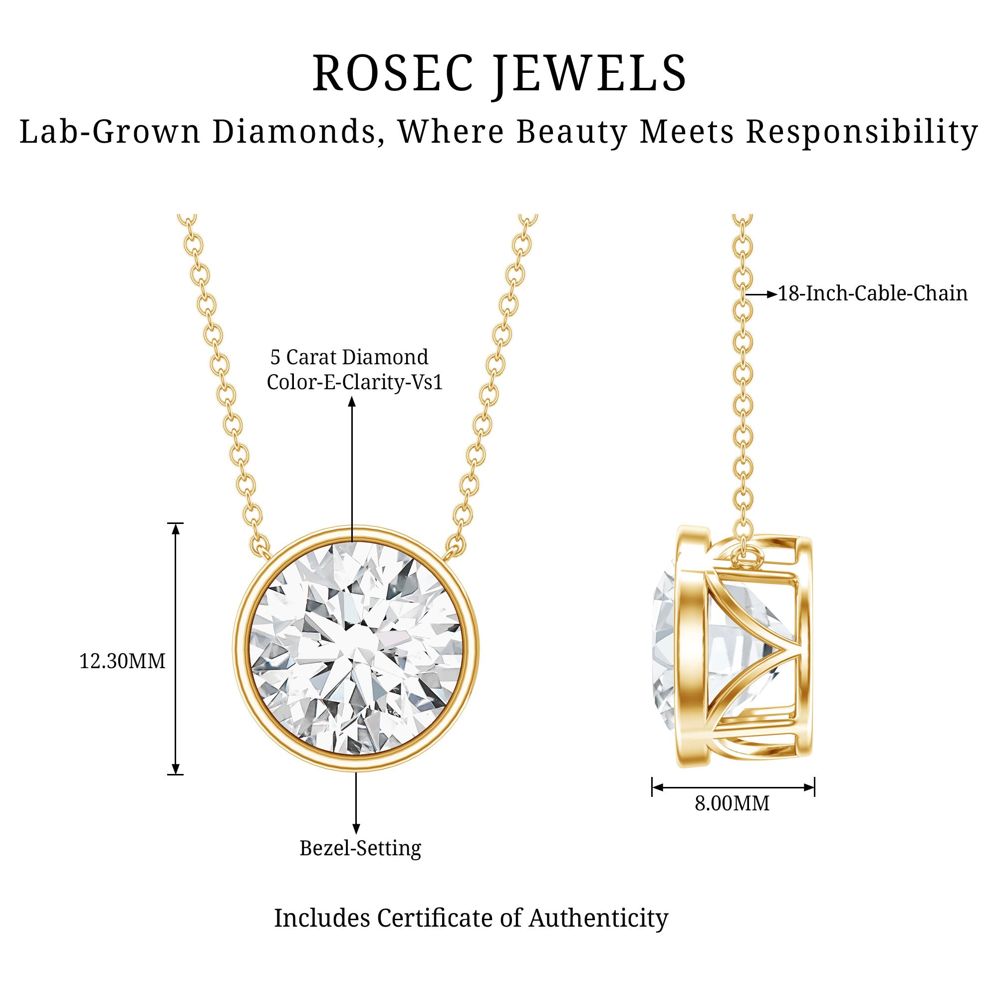 5 Carat Lab Grown Diamond Bridal Necklace with IGI Certificate Lab - ( E-VS1 ) - Rosec Jewels