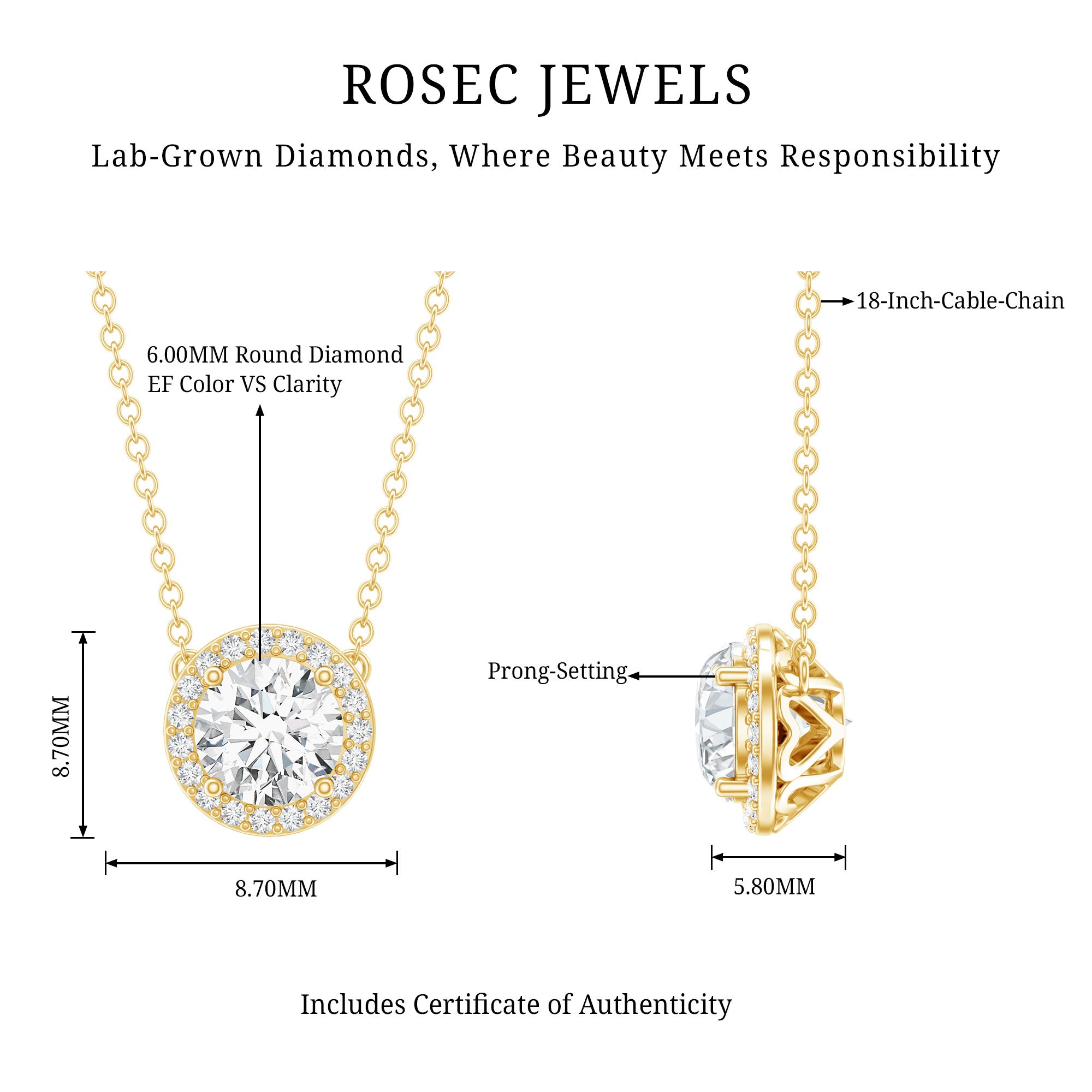1 Carat Lab Grown Diamond Bridal Necklace with IGI Certificate Lab - ( E-VS1 ) - Rosec Jewels