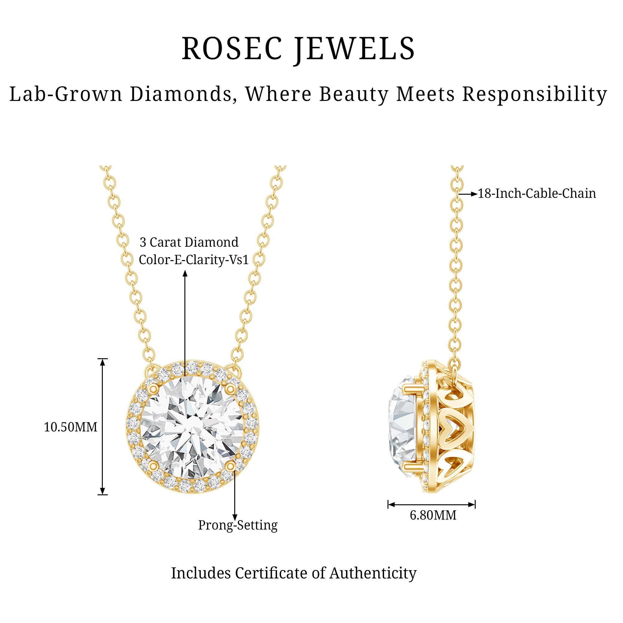IGI Certified 3 Carat Lab Grown Diamond Necklace with Halo Lab - ( E-VS1 ) - Rosec Jewels