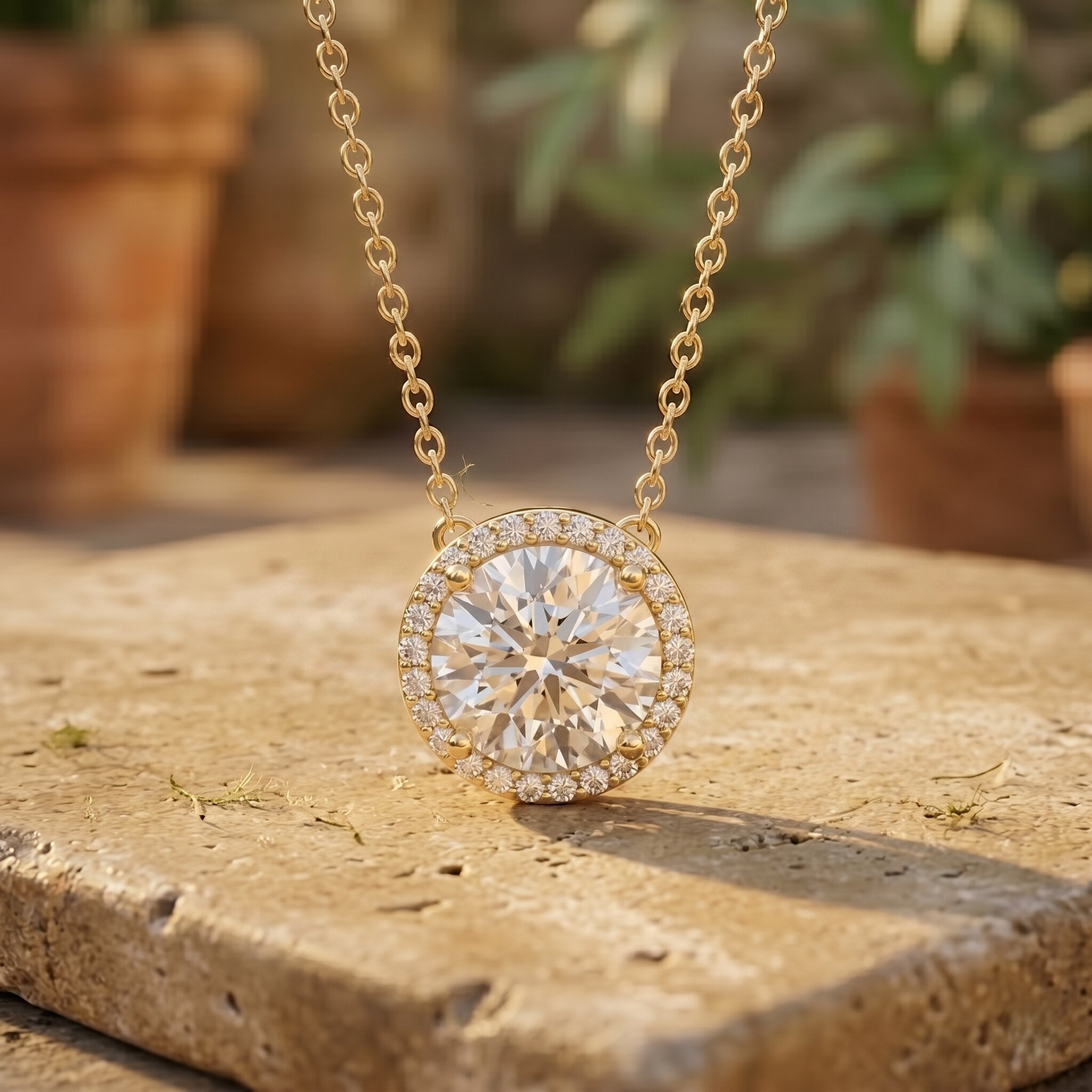 IGI Certified 3 Carat Lab Grown Diamond Necklace with Halo Lab - ( E-VS1 ) - Rosec Jewels