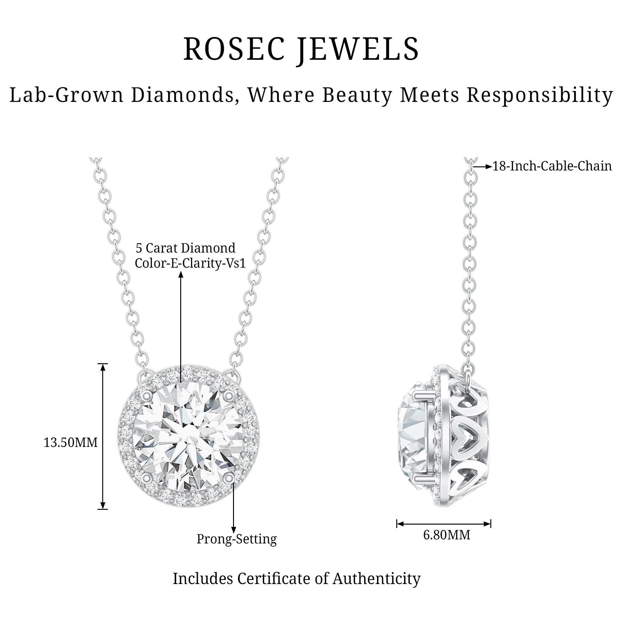 IGI Certified 5 Carat Lab Grown Diamond Wedding Necklace Lab - ( E-VS1 ) - Rosec Jewels