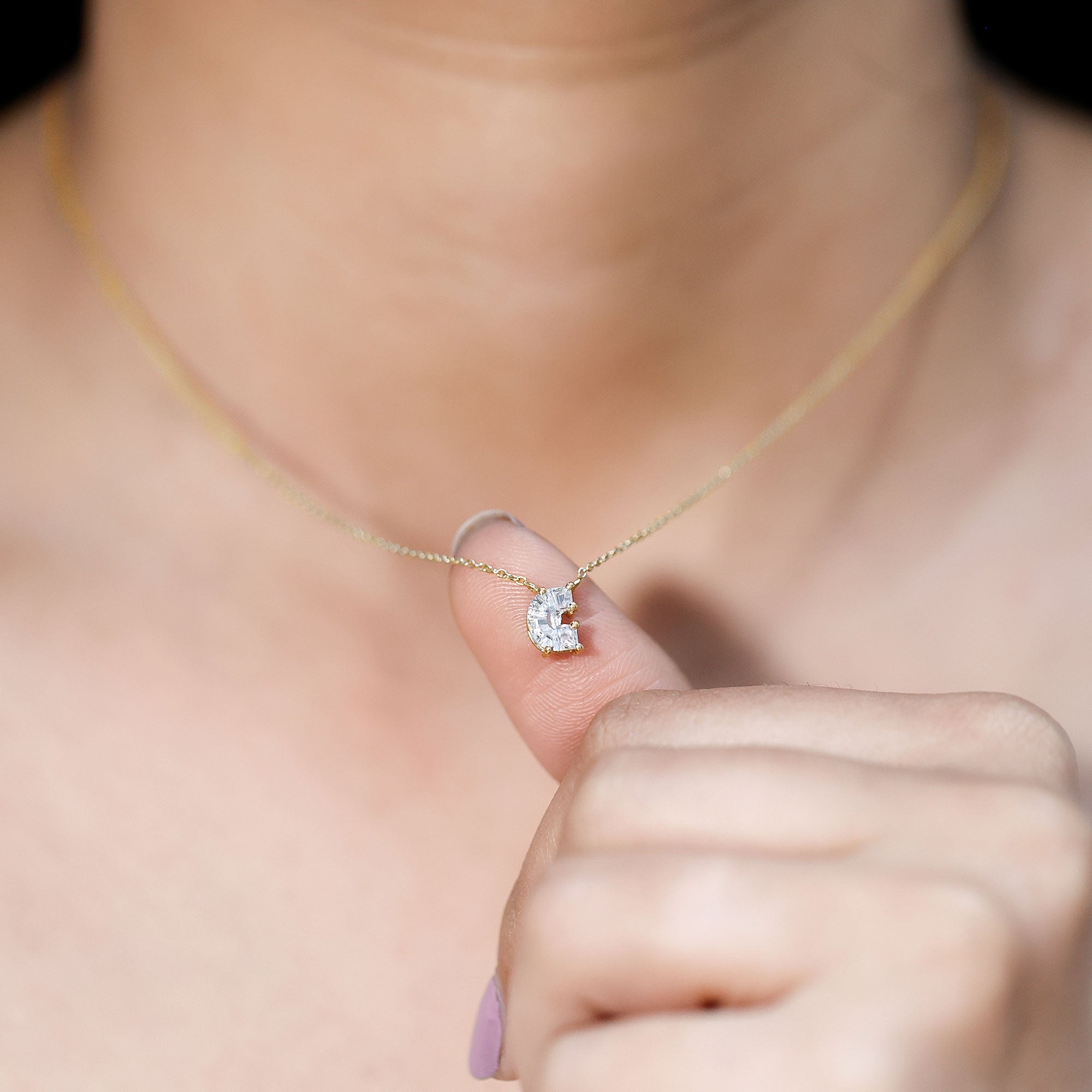 Fancy Cut 2 Carat Lab Grown Diamond Letter C Necklace with Chain Lab - ( EF-VS ) - Rosec Jewels