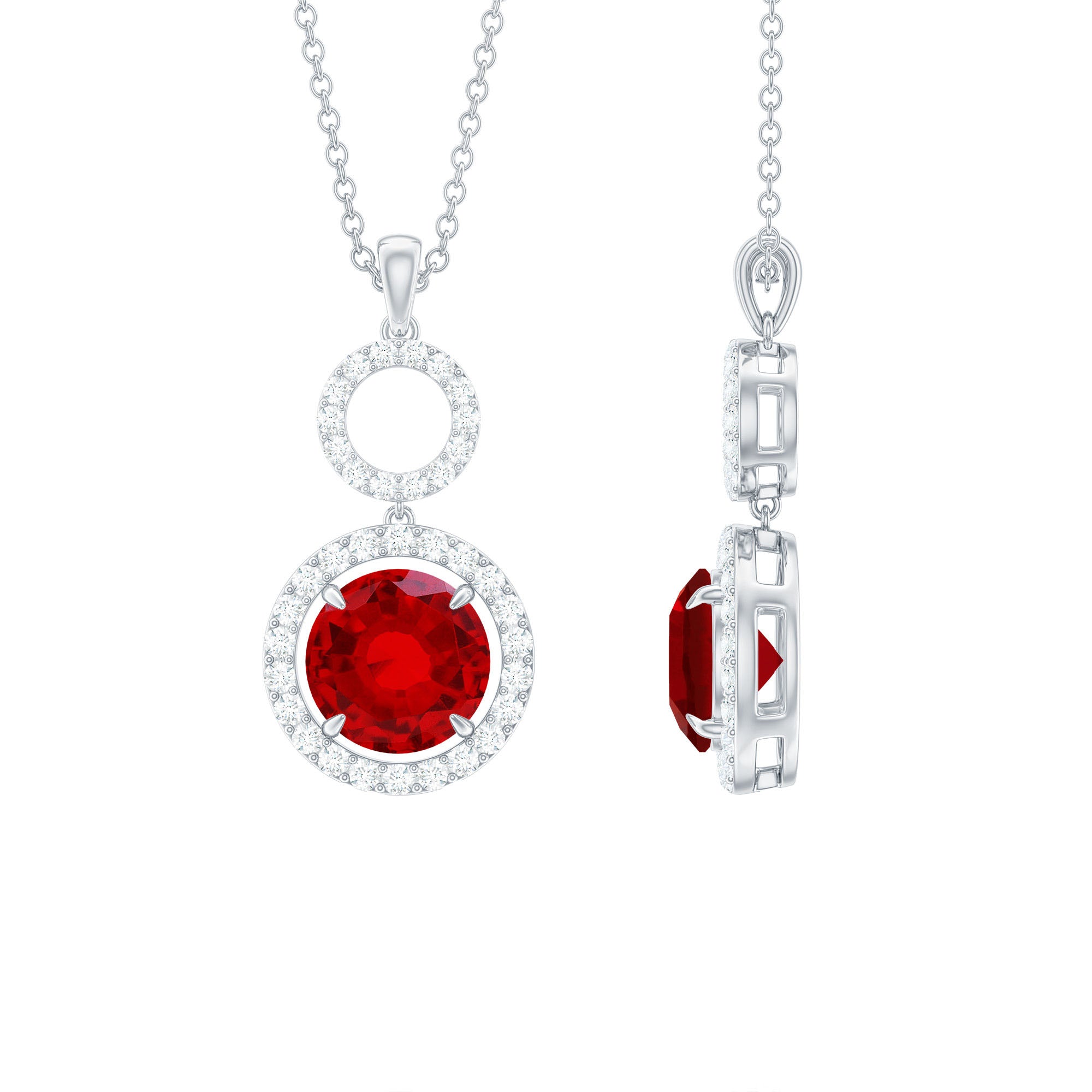 Lab Grown Ruby Dangle Necklace with Moissanite Halo