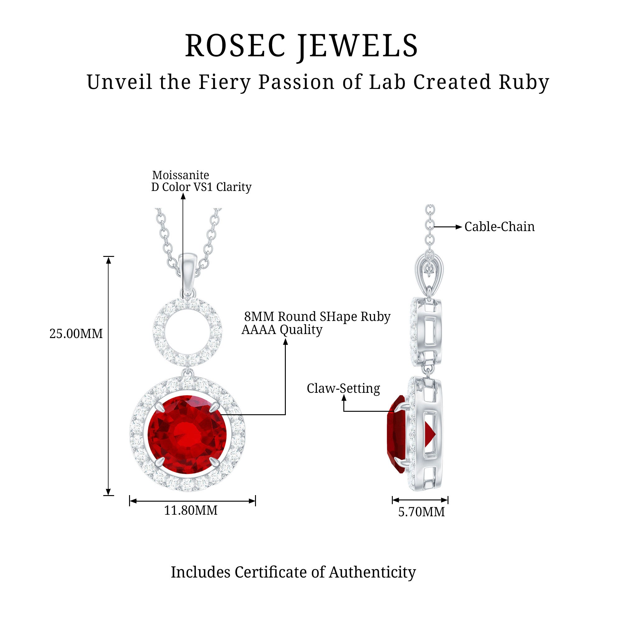 Lab Grown Ruby Dangle Necklace with Moissanite Halo AAAA - Rosec Jewels